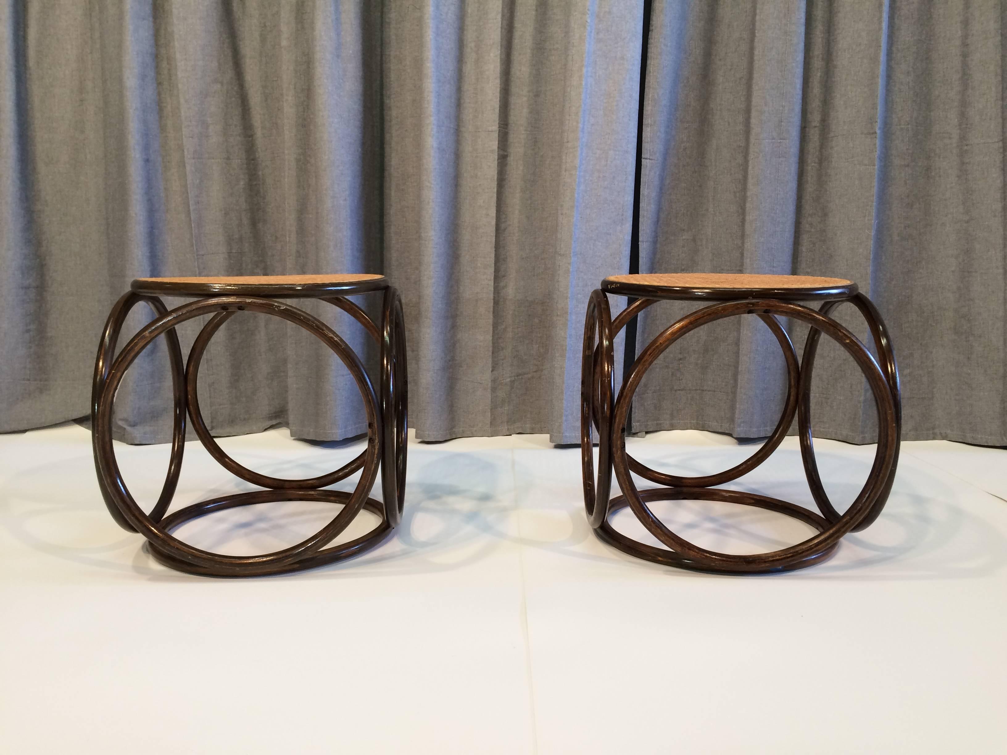 Pair of bentwood and cane stools.