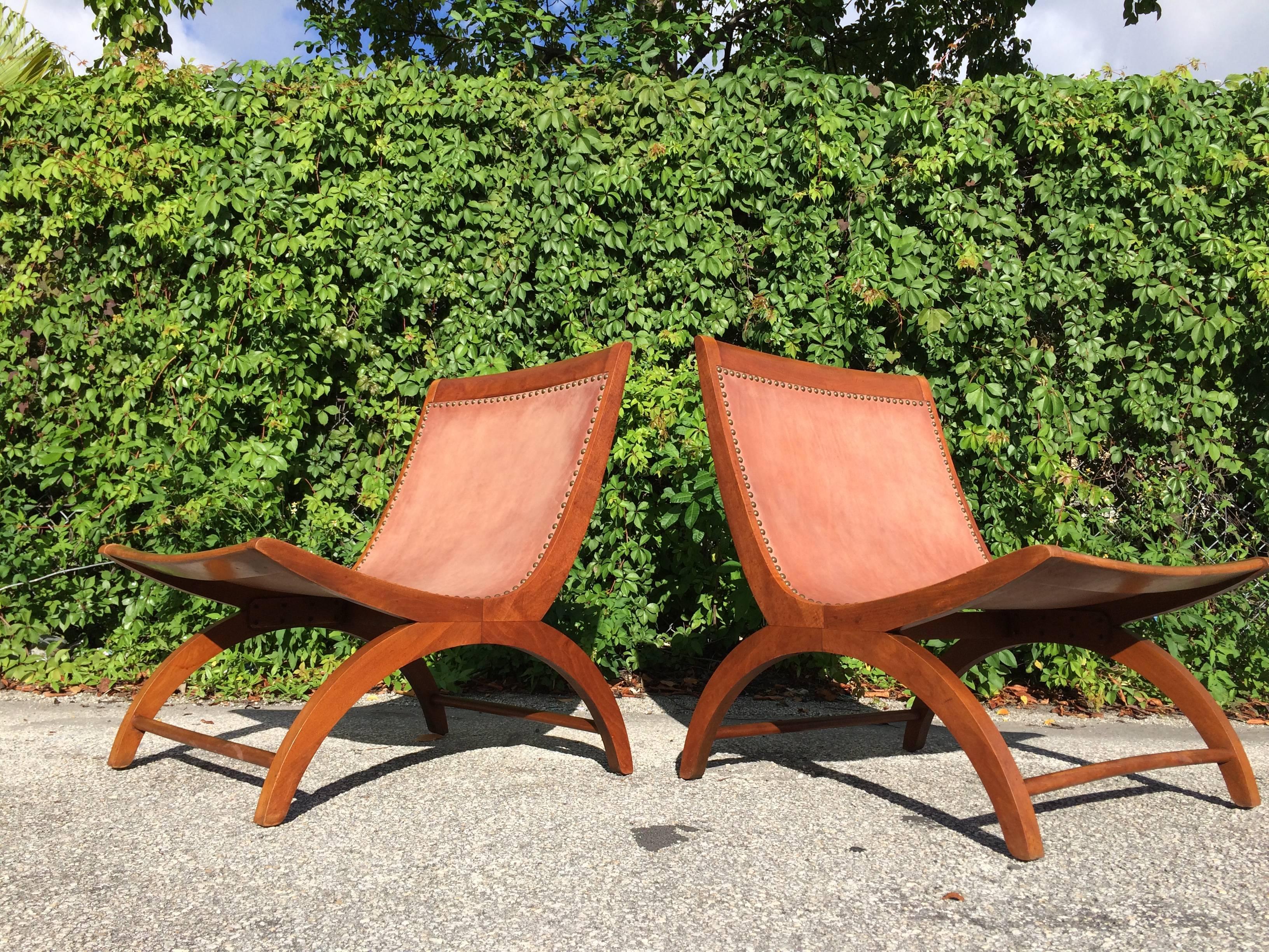 Mid-Century Modern Beautiful Lounge Chairs with Saddle Leather Seats, USA, 1950s