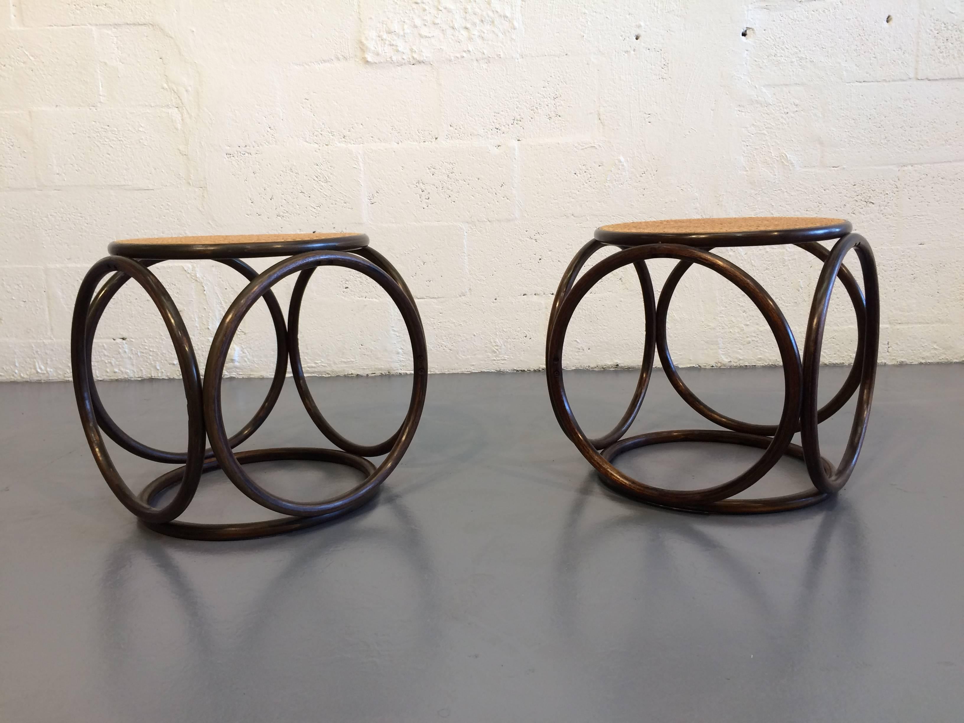 Beautiful pair of bentwood and cane stools.