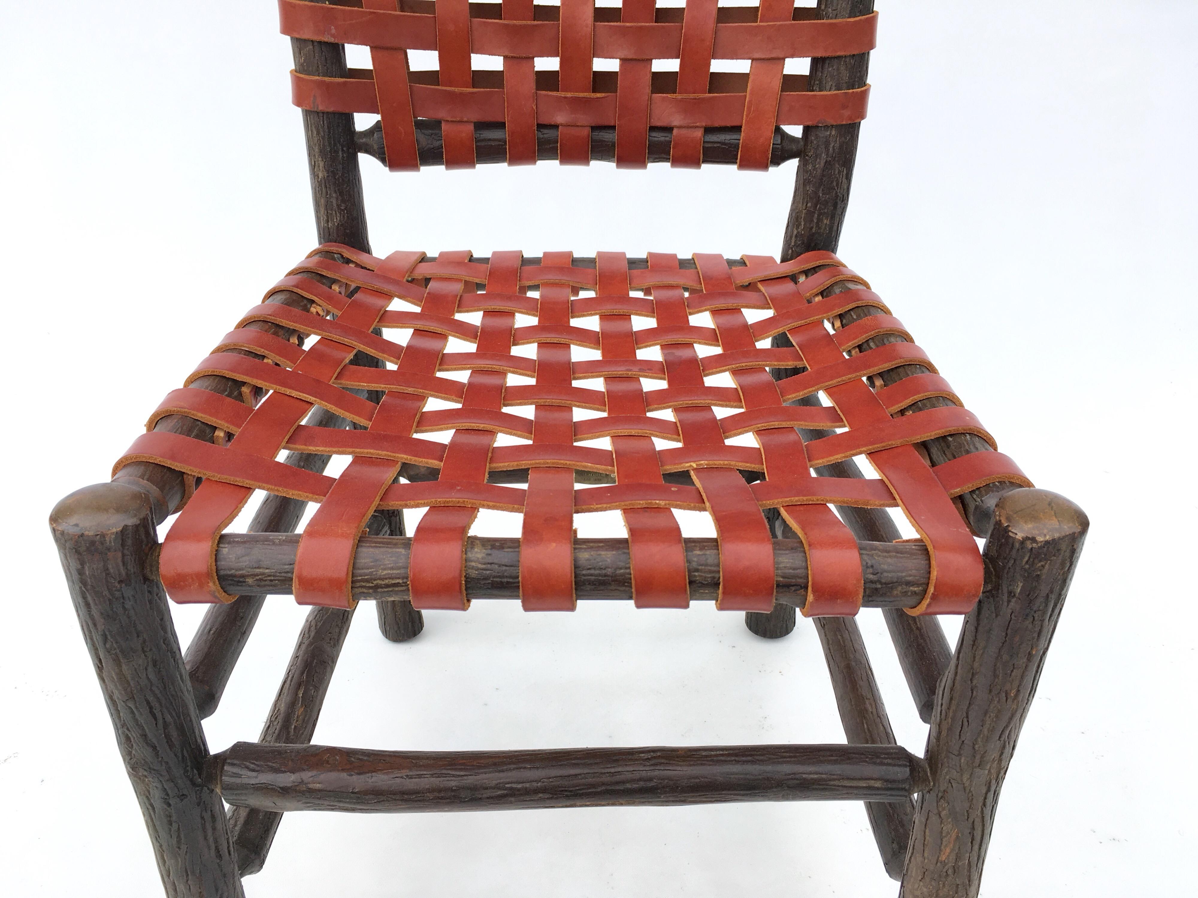 Ten Old Hickory Dining Chairs with Woven Cognac Saddle Leather 1