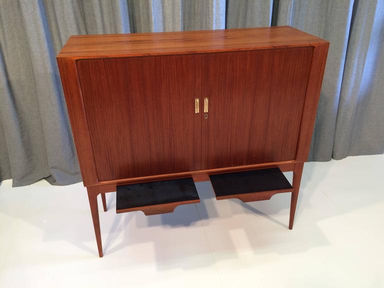 Fine Danish Teak Cabinet with Tambour Doors and Brass Pulls In Good Condition For Sale In Opa Locka, FL