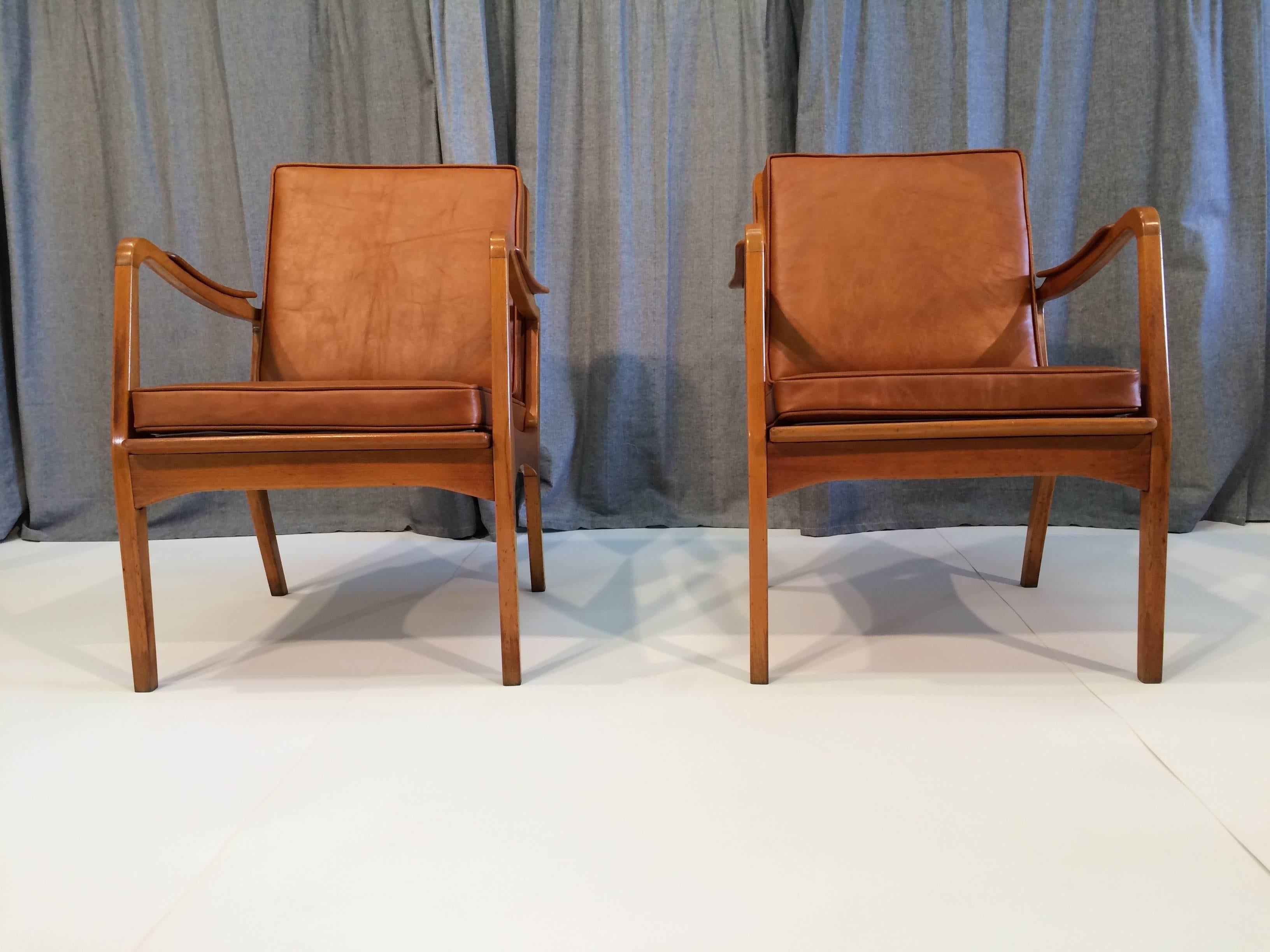 Beautiful Pair of Danish Armchairs, Denmark, 1950s Birch and Cognac Leather In Good Condition In Miami, FL
