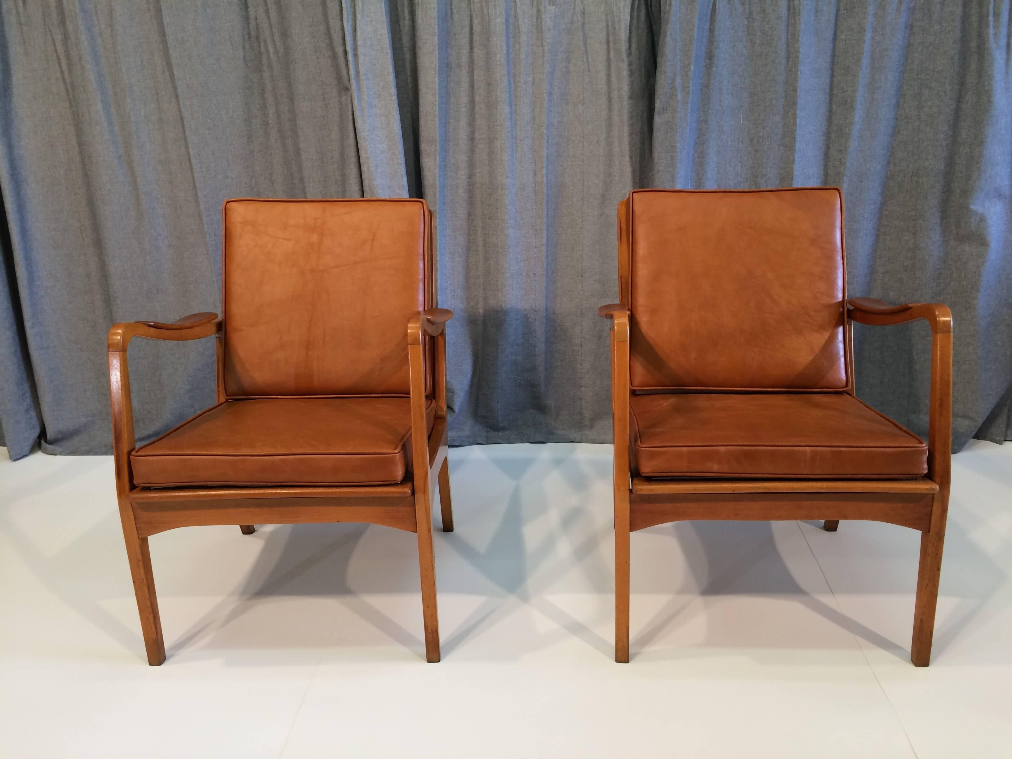 Mid-20th Century Beautiful Pair of Danish Armchairs, Denmark, 1950s Birch and Cognac Leather