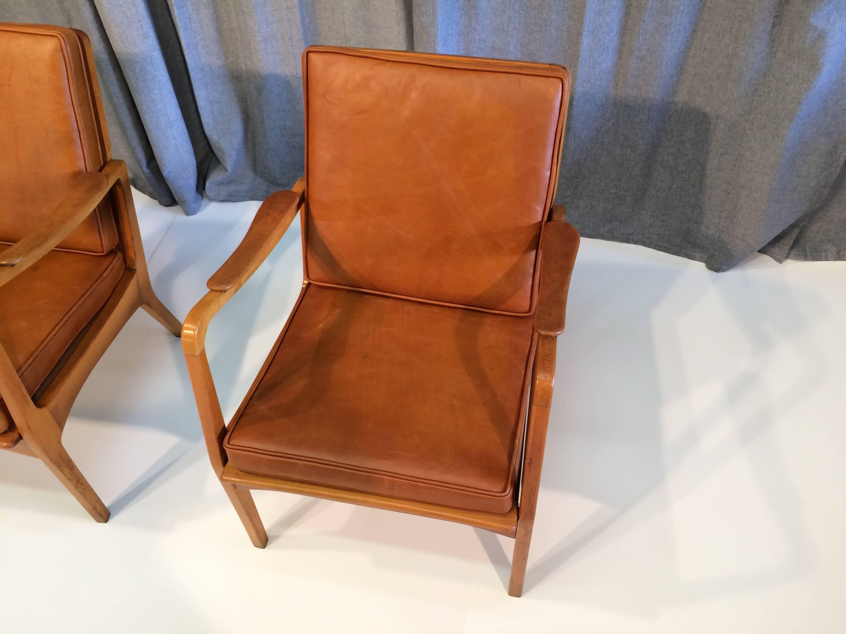 Beautiful Pair of Danish Armchairs, Denmark, 1950s Birch and Cognac Leather 1