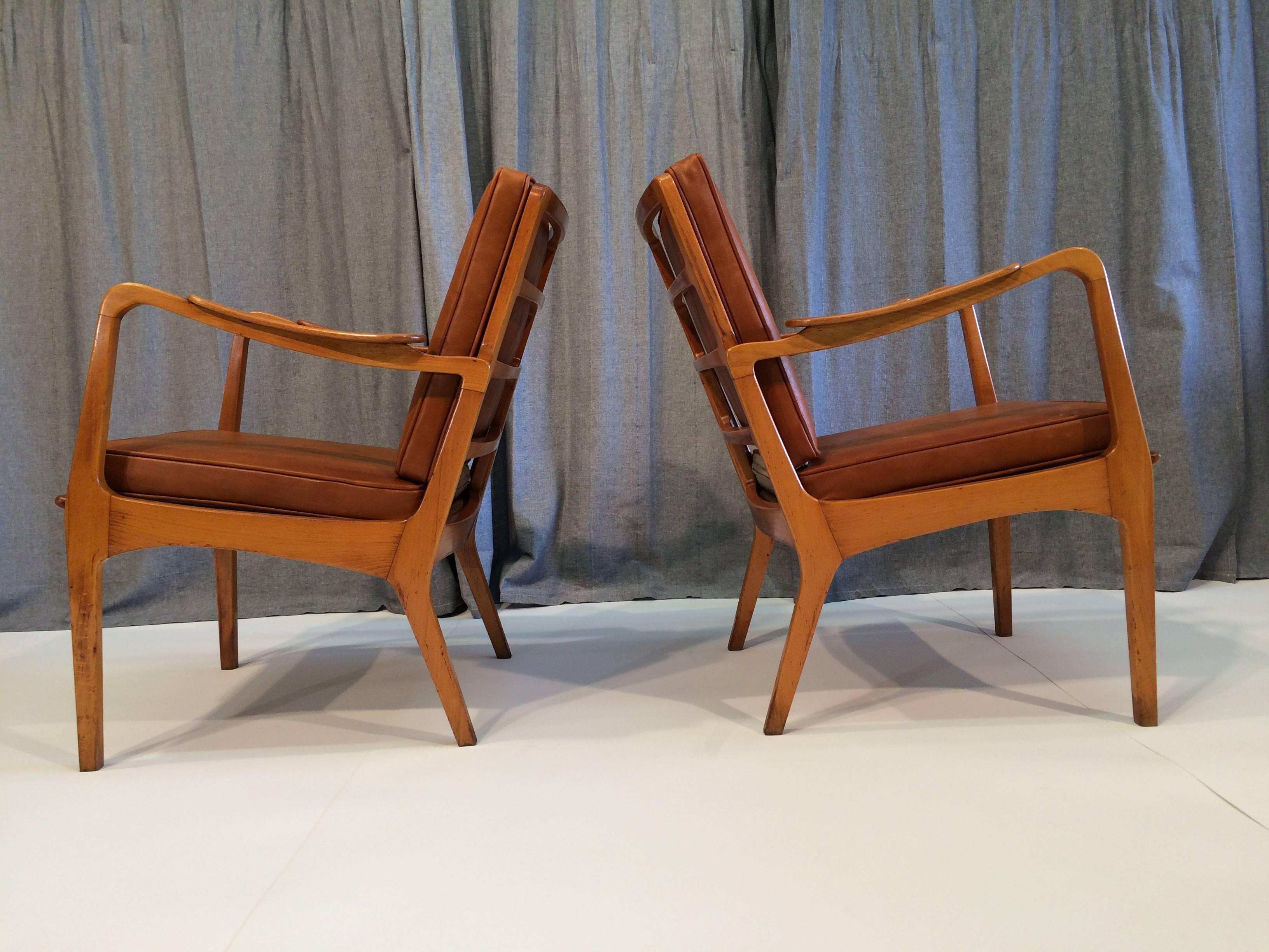 Beautiful Pair of Danish Armchairs, Denmark, 1950s Birch and Cognac Leather 2