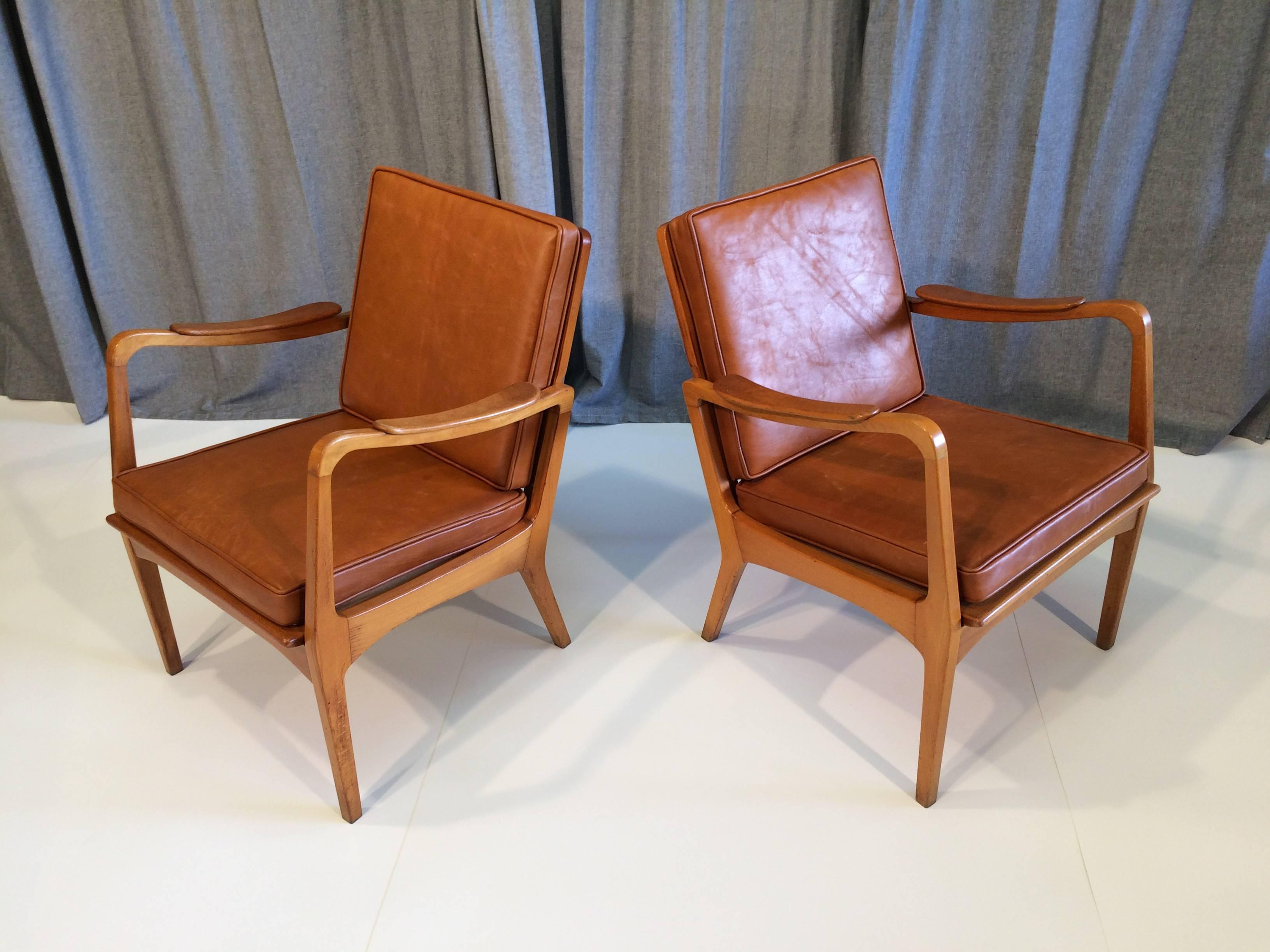 Beautiful Pair of Danish Armchairs, Denmark, 1950s Birch and Cognac Leather 3