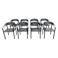 Set of Eight Artelano Black Leather Arm Chairs, Italy 1980s