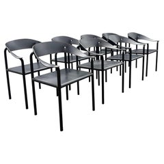 Set of Eight Artelano Black Leather Arm Chairs, Italy 1980s
