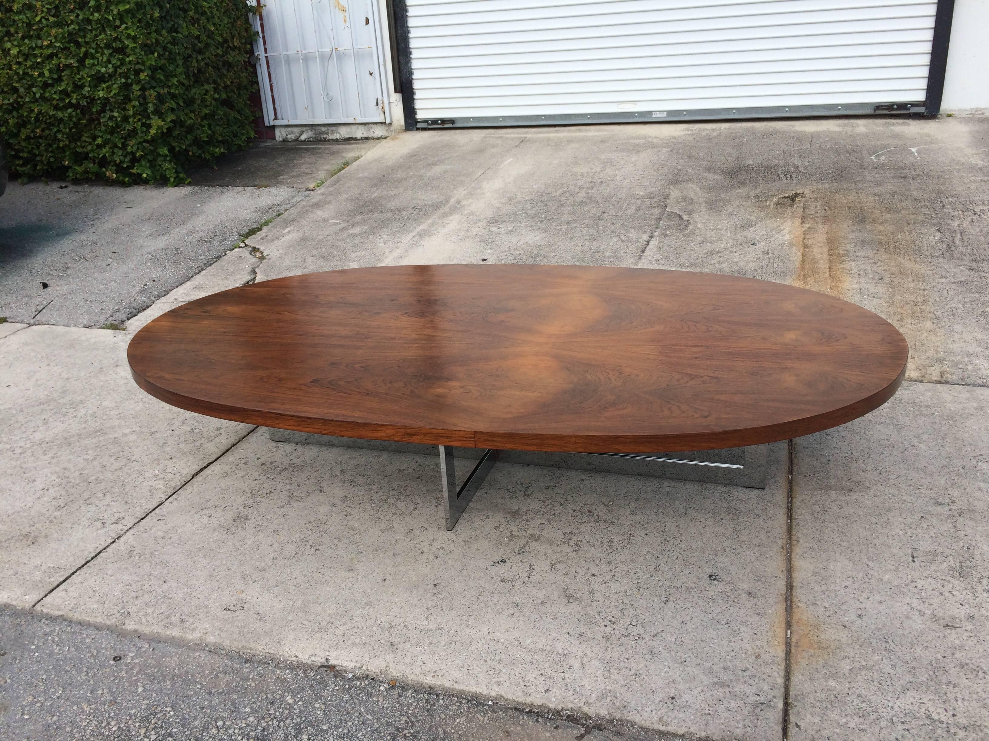Large Oval Rosewood Coffee Table on Chrome Base In Good Condition In Miami, FL