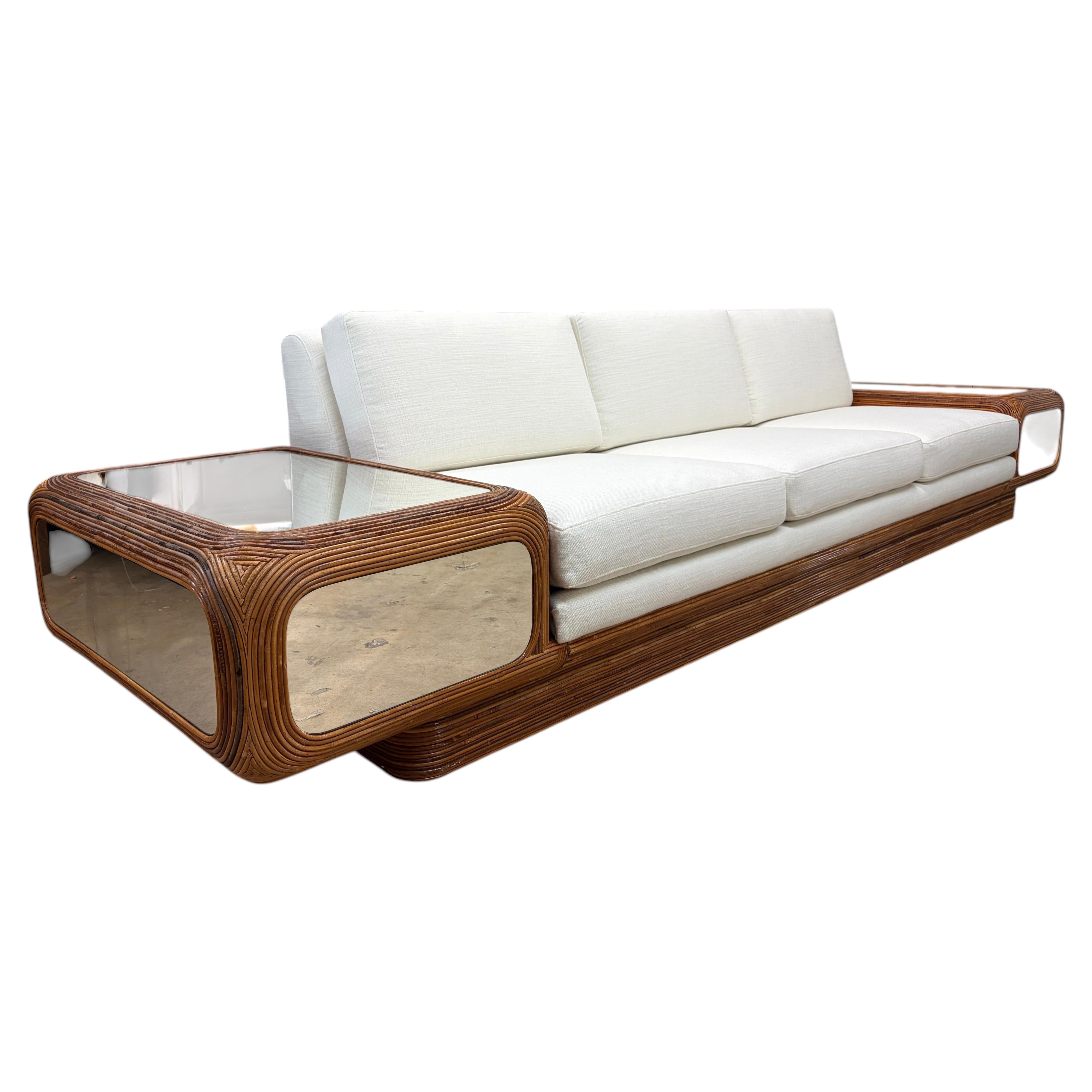 Large Designer Sofa with Floating Side Tables, Split Pencil Reed