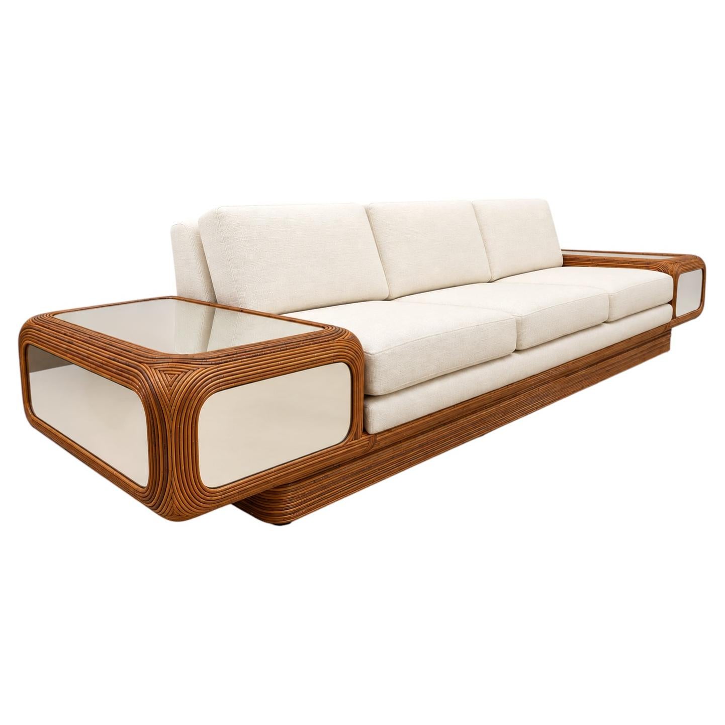 Large Designer Sofa with Floating Side Tables, Split Pencil Reed For Sale