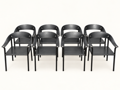Set of Eight Artelano Black Leather Arm Chairs, Italy 1980s
