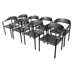 Set of Eight Artelano Black Leather Arm Chairs, Italy 1980s