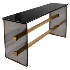 Mid Century Modern Dark Glass and Brass Console Table, Sofa Table