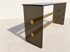 Mid Century Modern Dark Glass and Brass Console Table, Sofa Table