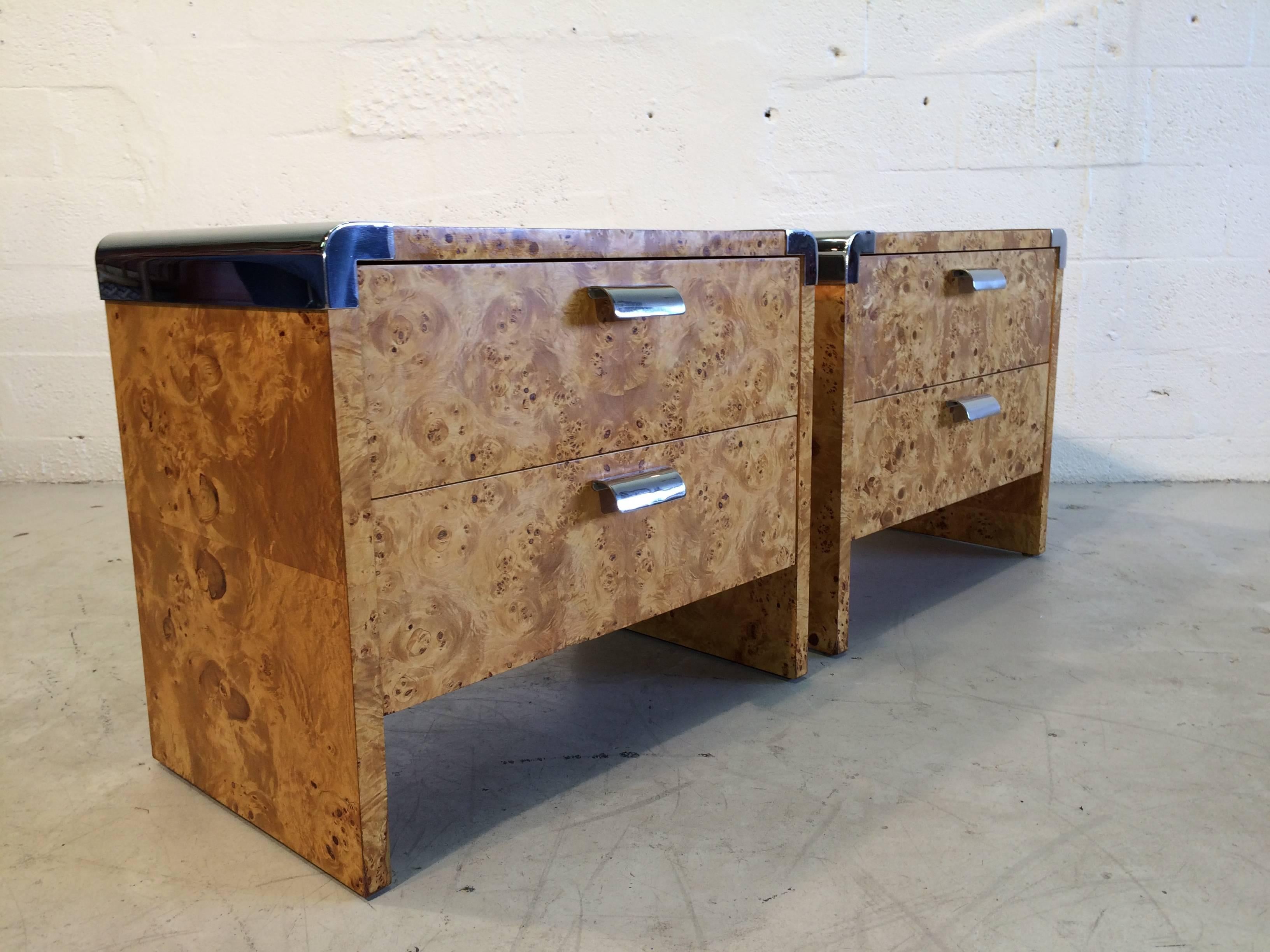American Two Nightstands, Burl and Stainless Steel, USA, 1970s