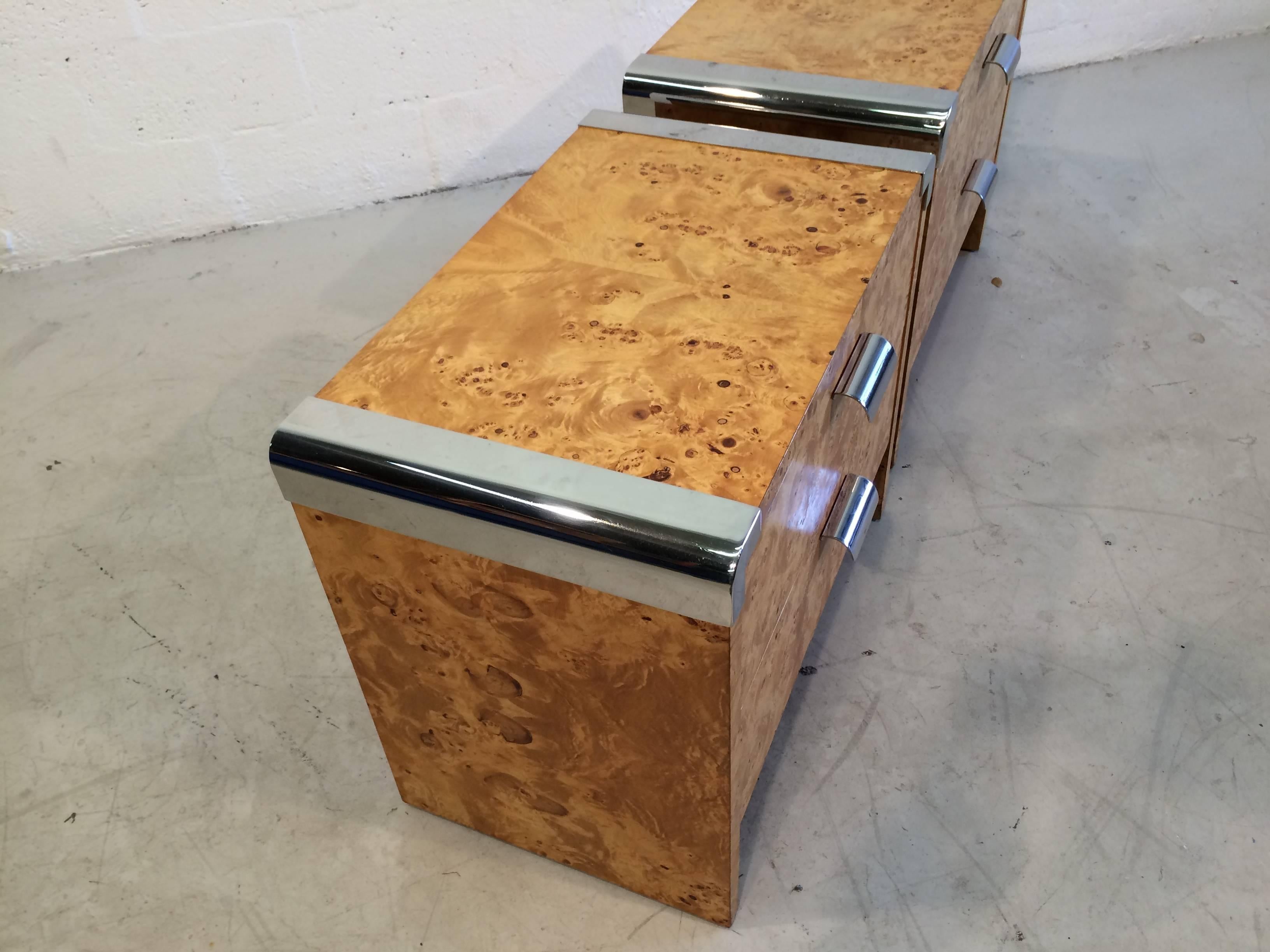 Late 20th Century Two Nightstands, Burl and Stainless Steel, USA, 1970s
