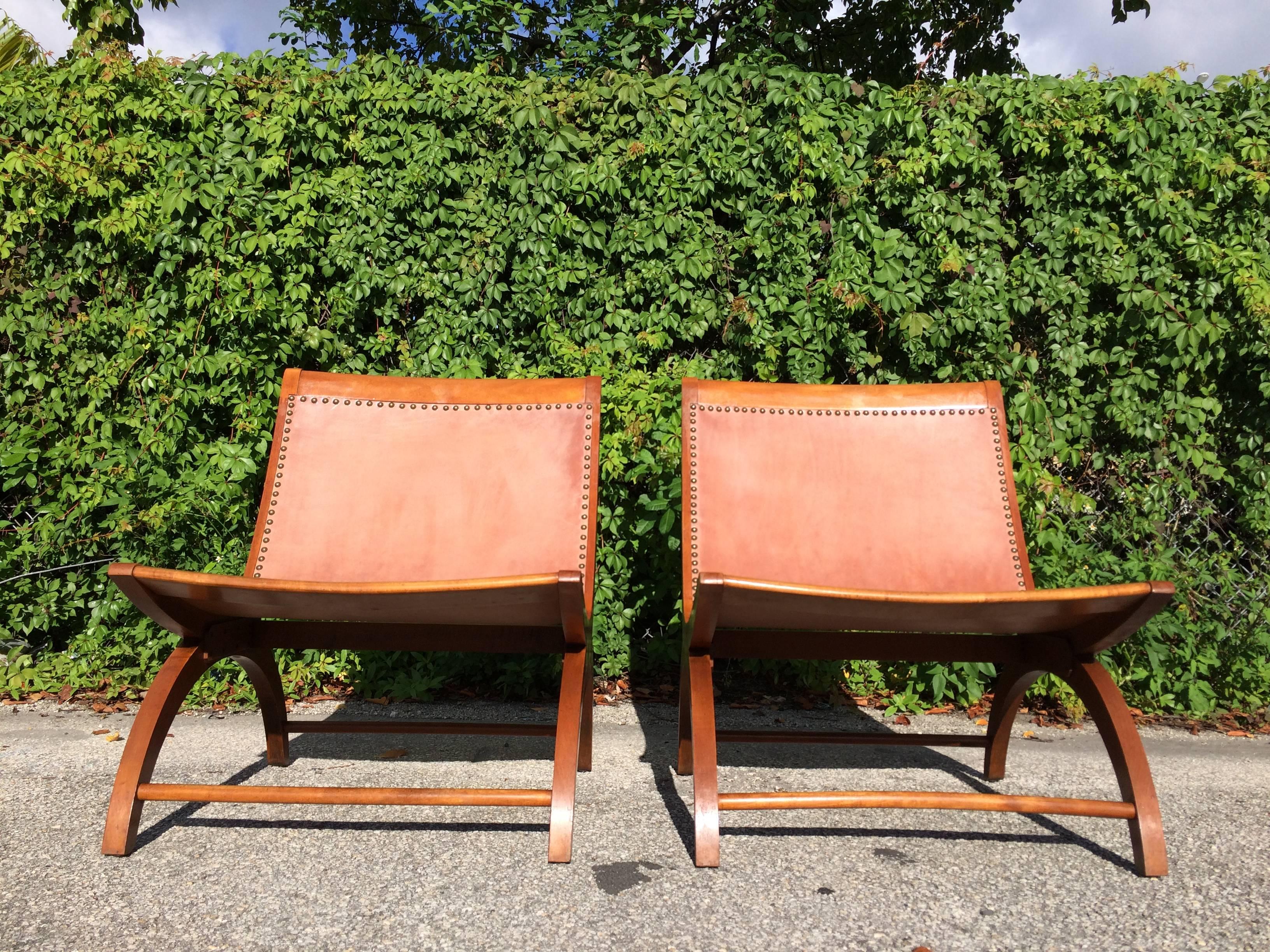 American Beautiful Lounge Chairs with Saddle Leather Seats, USA, 1950s