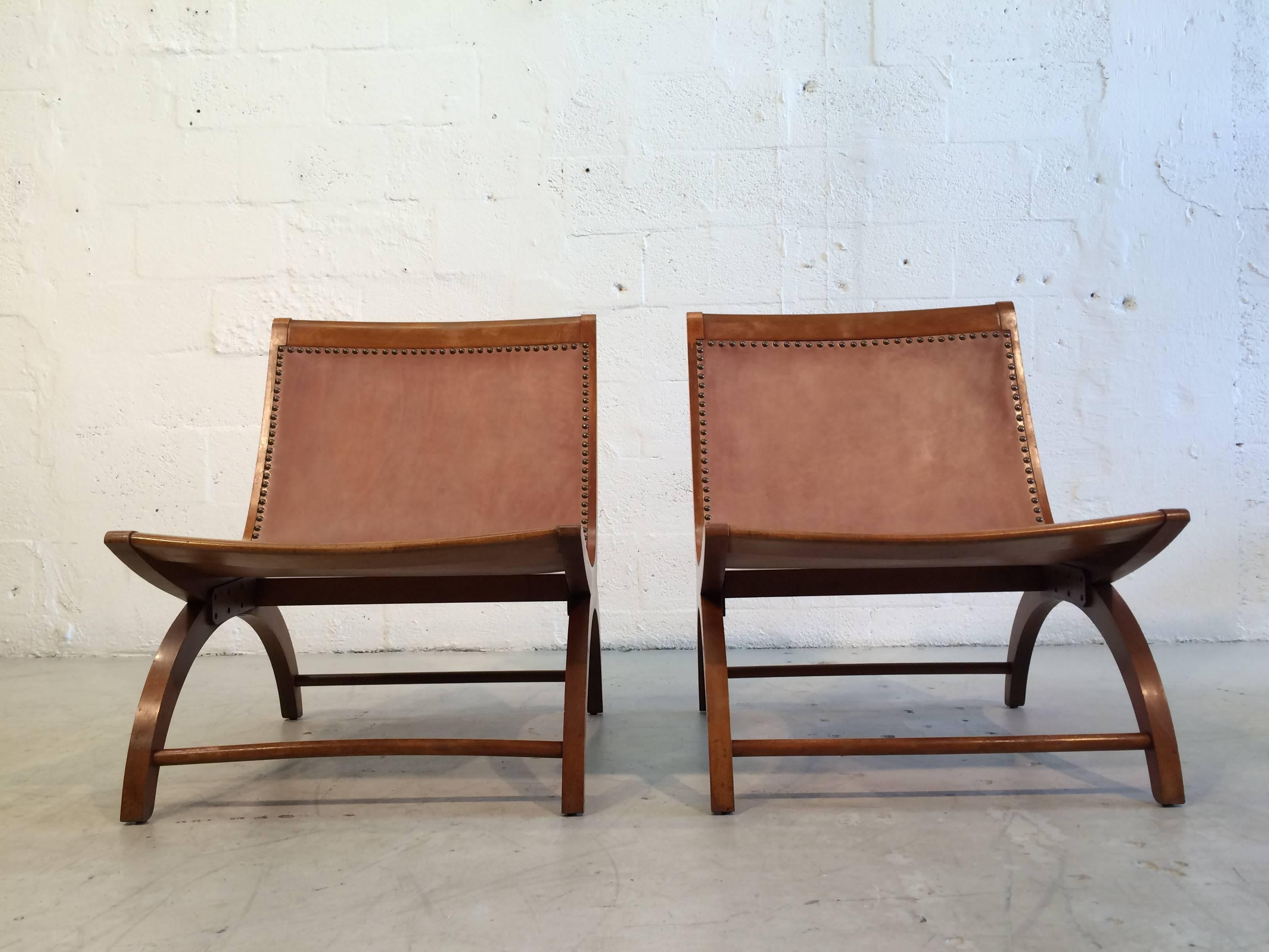 Beautiful Lounge Chairs with Saddle Leather Seats, USA, 1950s In Good Condition In Miami, FL