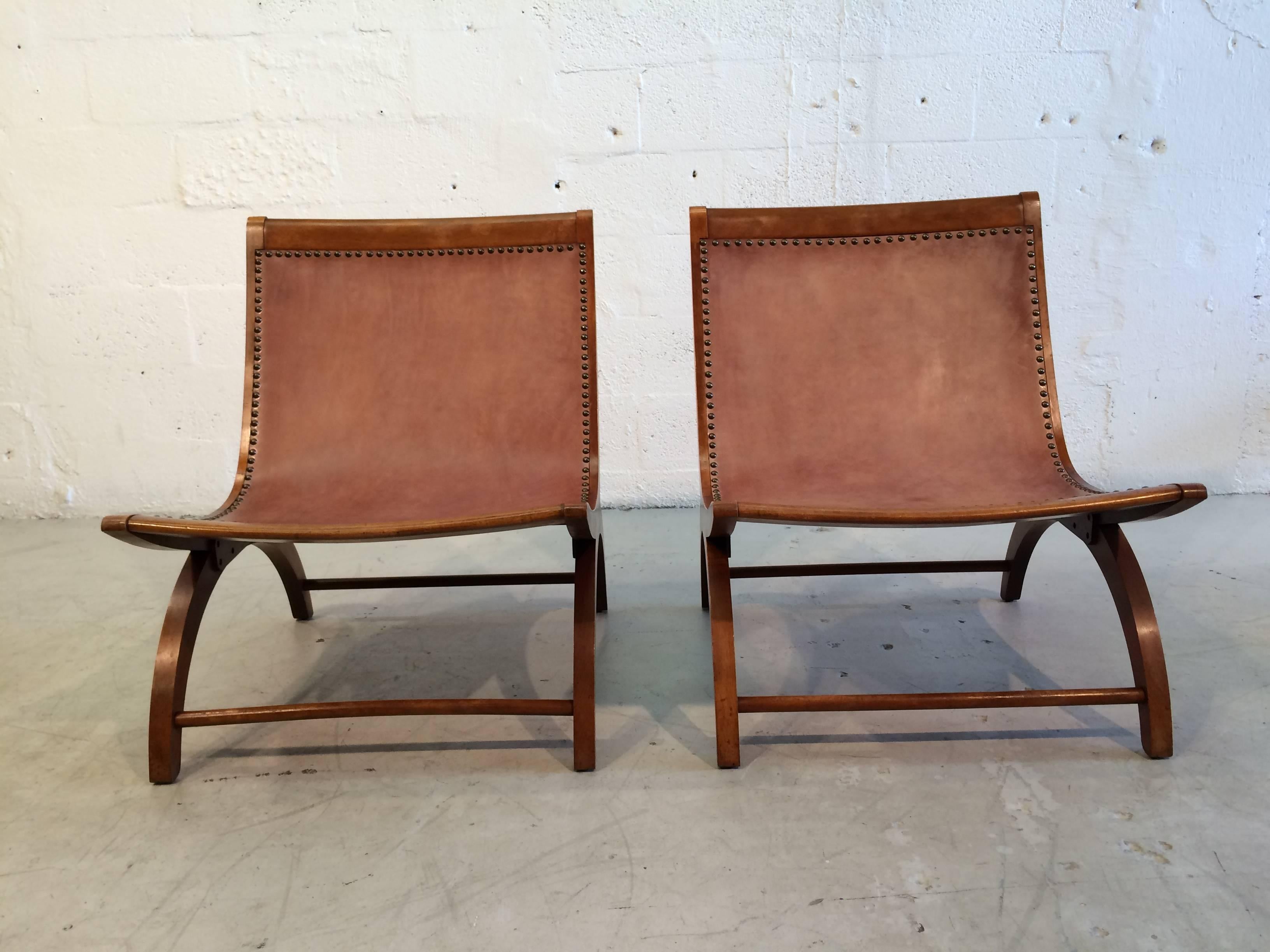 Mid-20th Century Beautiful Lounge Chairs with Saddle Leather Seats, USA, 1950s