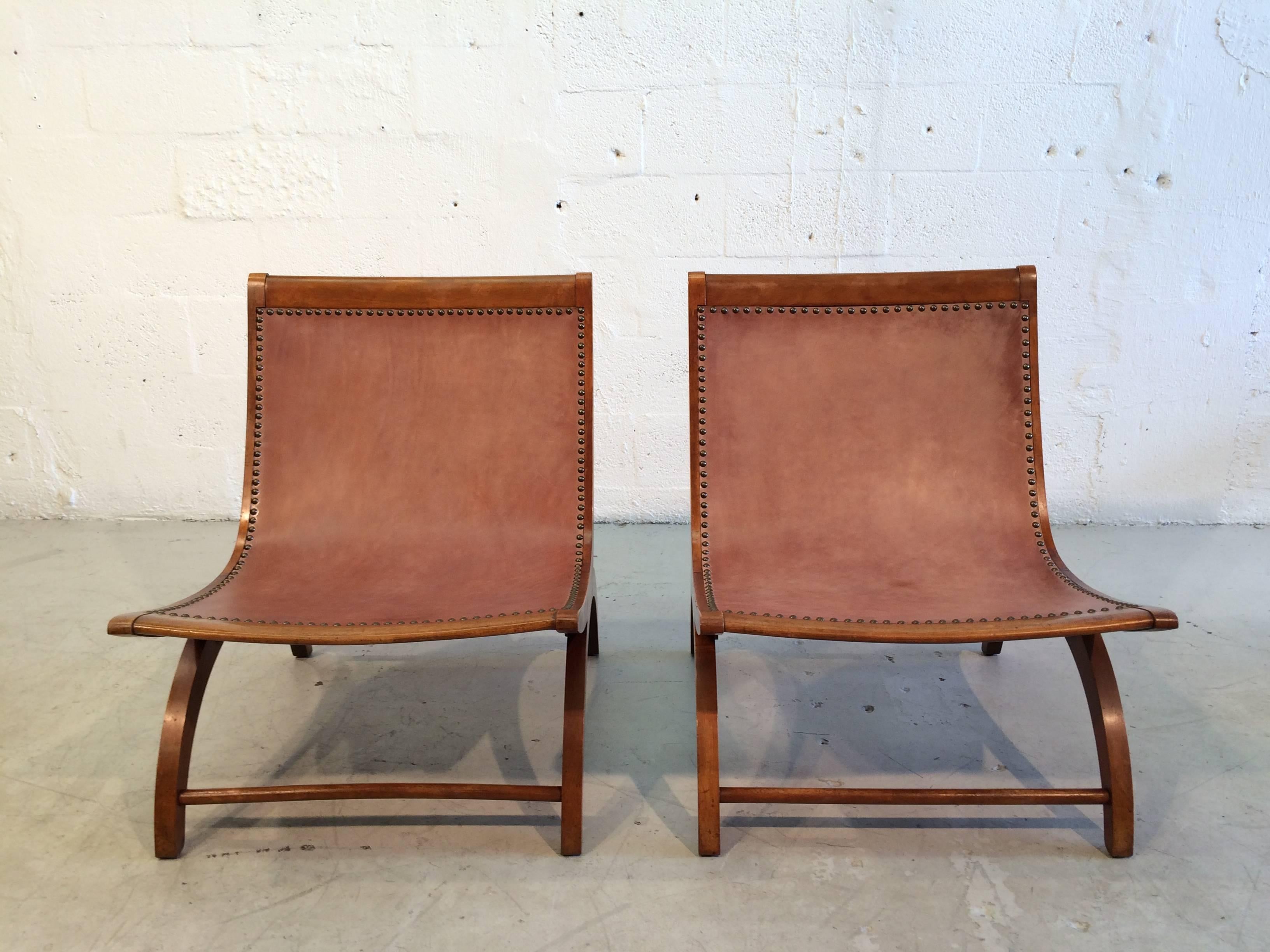 Beautiful Lounge Chairs with Saddle Leather Seats, USA, 1950s 1