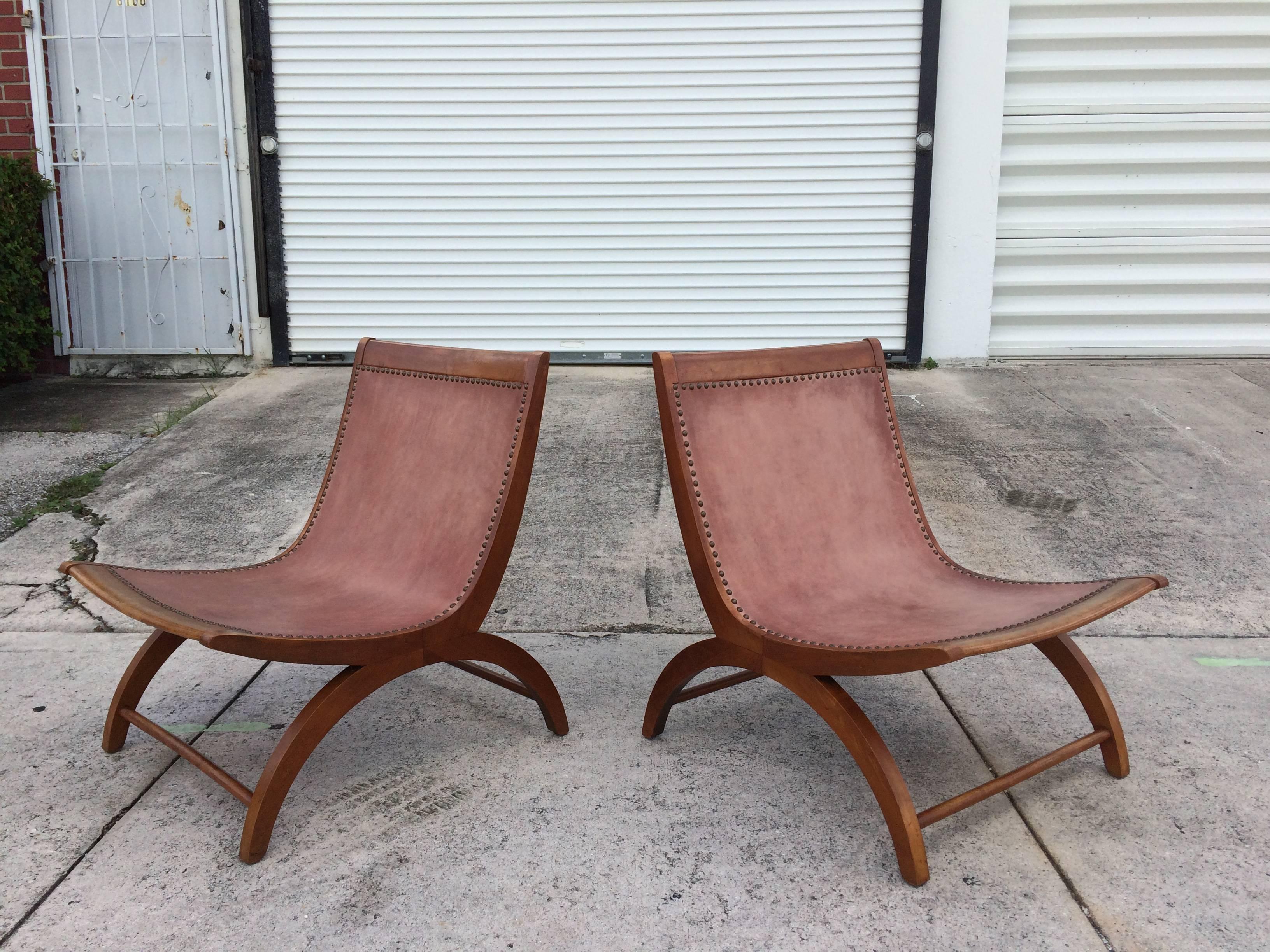 Beautiful Lounge Chairs with Saddle Leather Seats, USA, 1950s 3