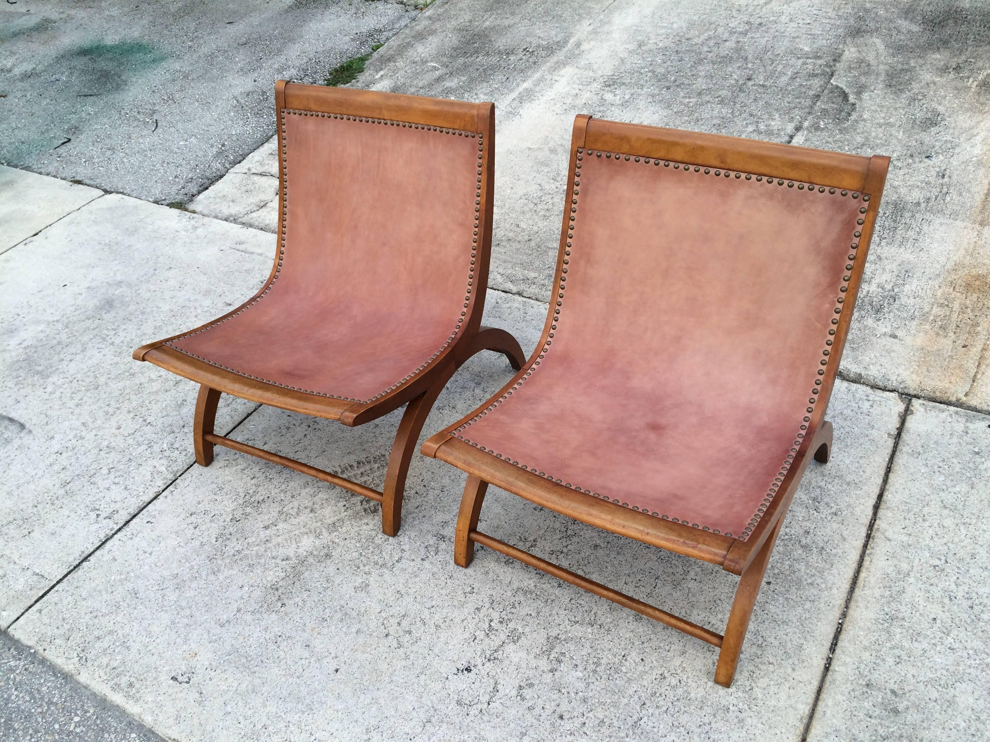 Beautiful Lounge Chairs with Saddle Leather Seats, USA, 1950s 4