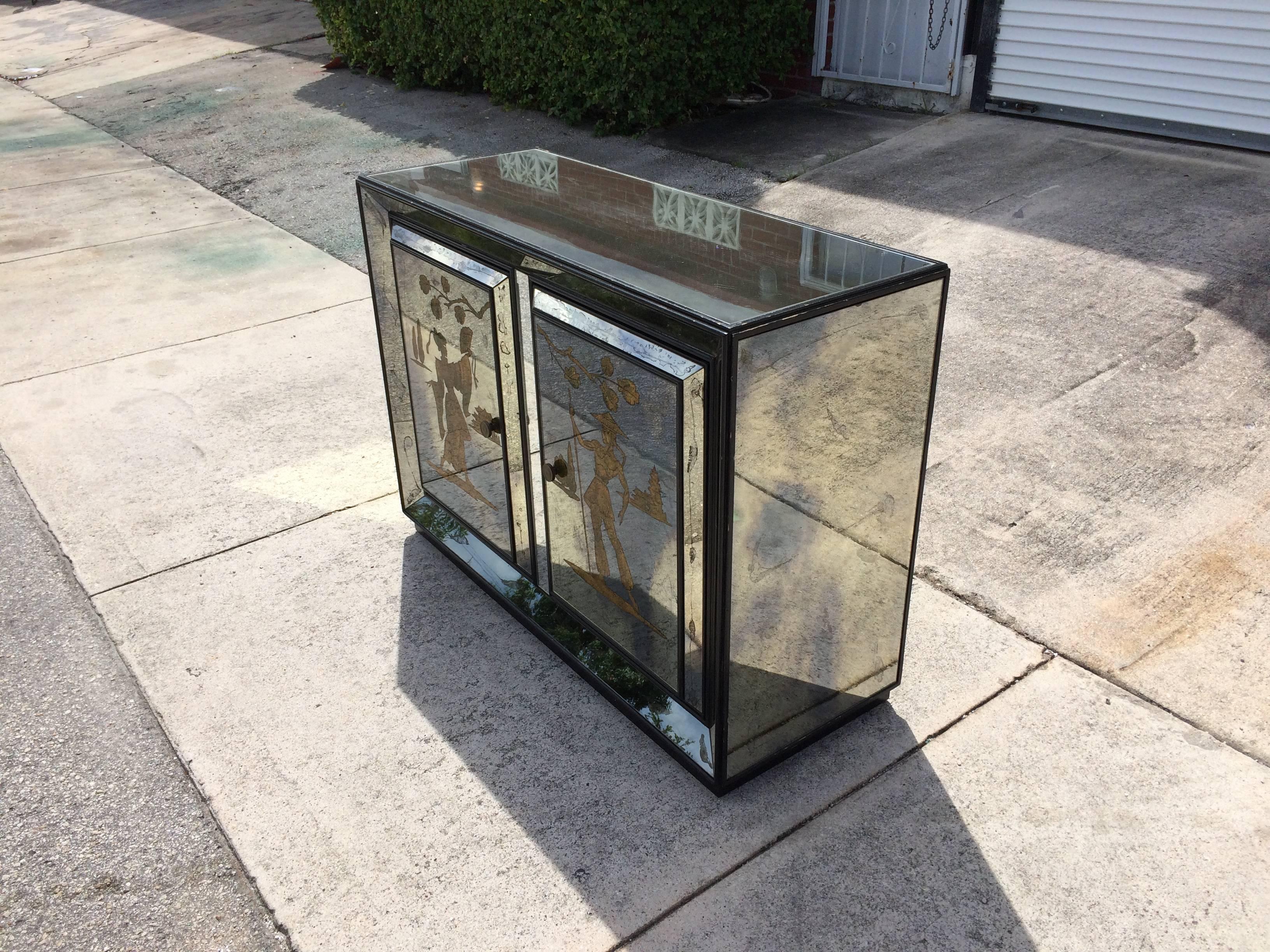Mid-20th Century Very Unusual Mirrored Cabinet with Golden Asian Decor, USA, 1940s