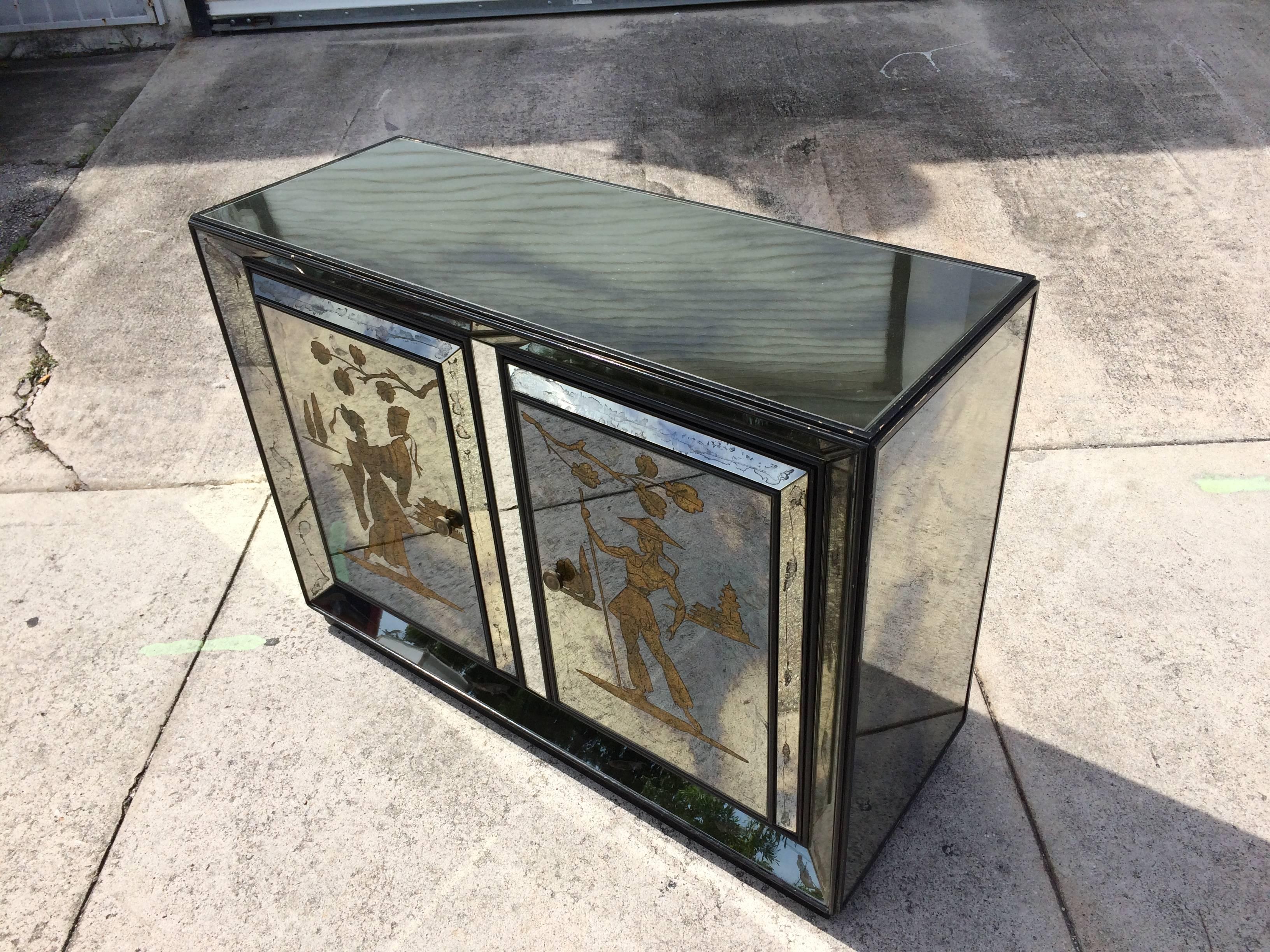 Very Unusual Mirrored Cabinet with Golden Asian Decor, USA, 1940s 1