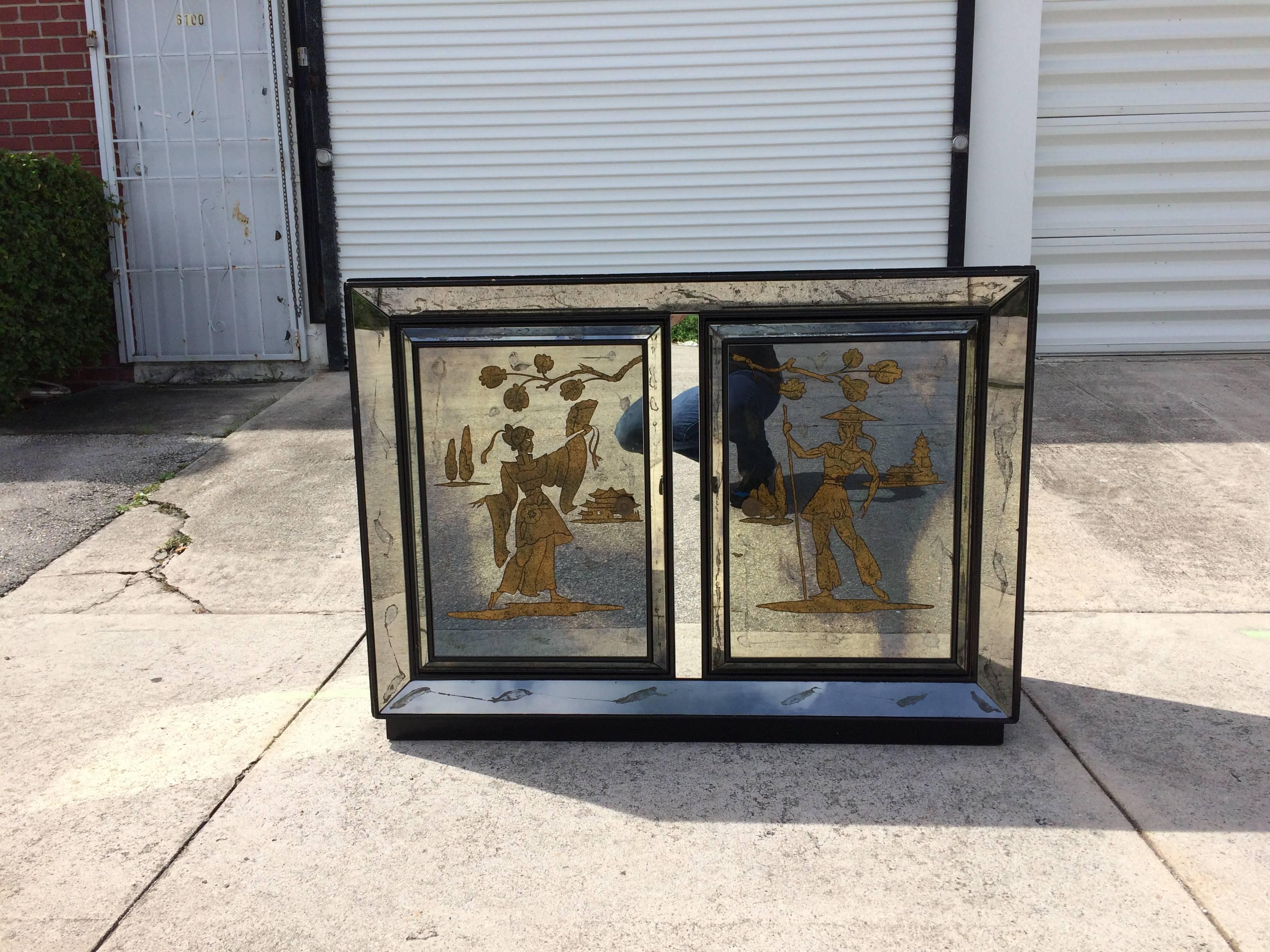 Very Unusual Mirrored Cabinet with Golden Asian Decor, USA, 1940s 2