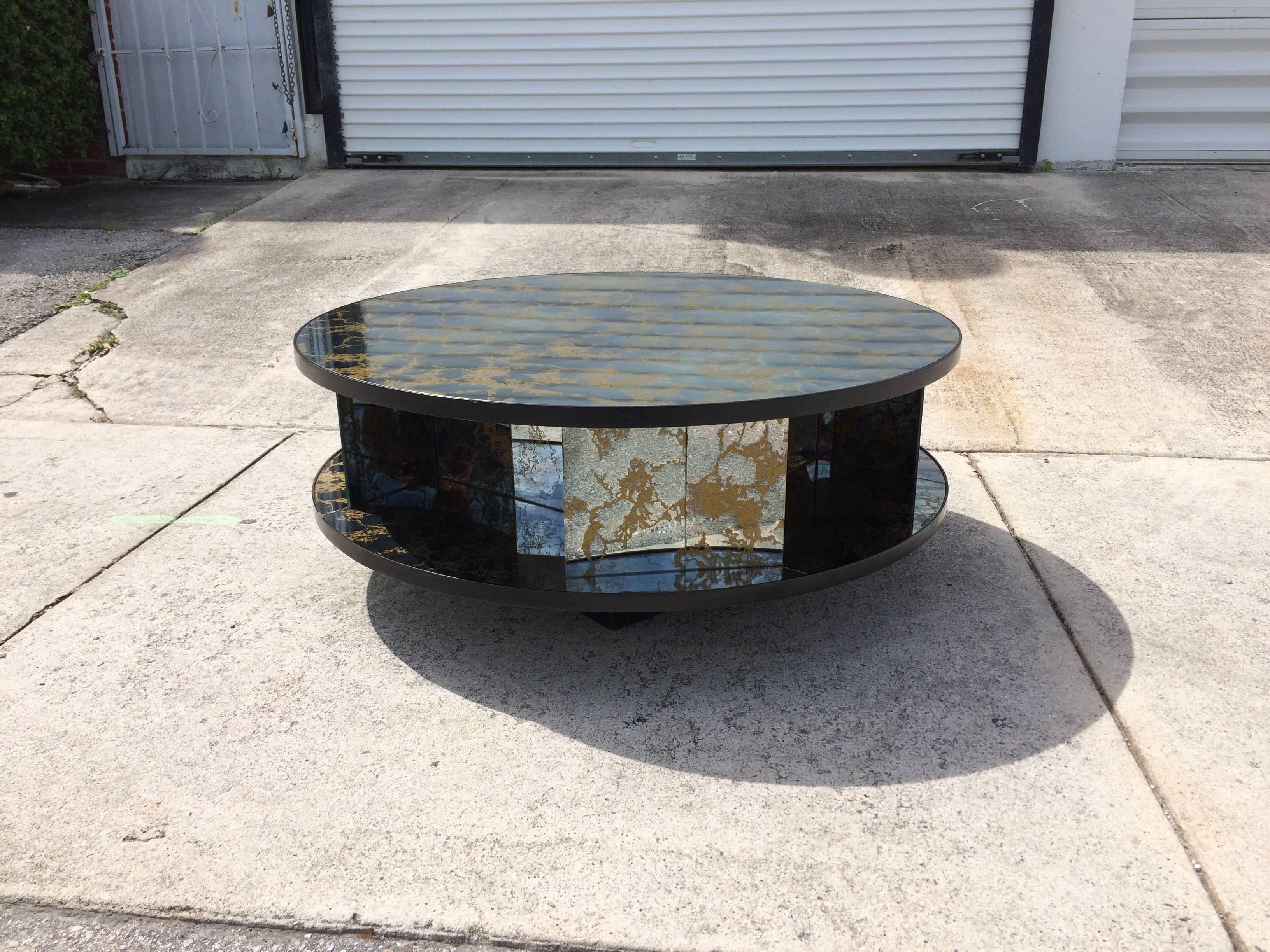 American Rotating Two-Tiered Mirrored Coffee Table Gold Vein, USA, 1940s