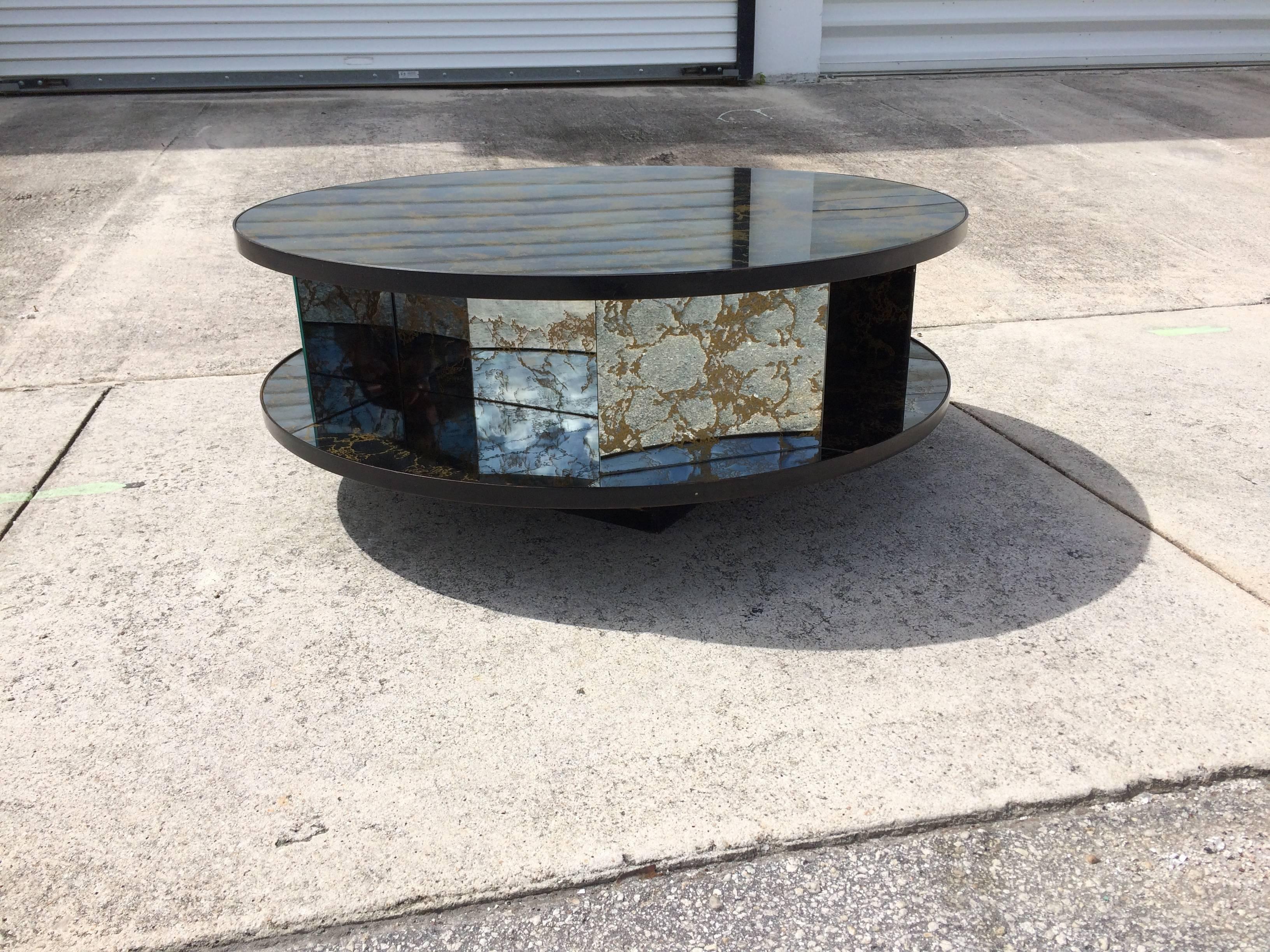 Rotating Two-Tiered Mirrored Coffee Table Gold Vein, USA, 1940s 1