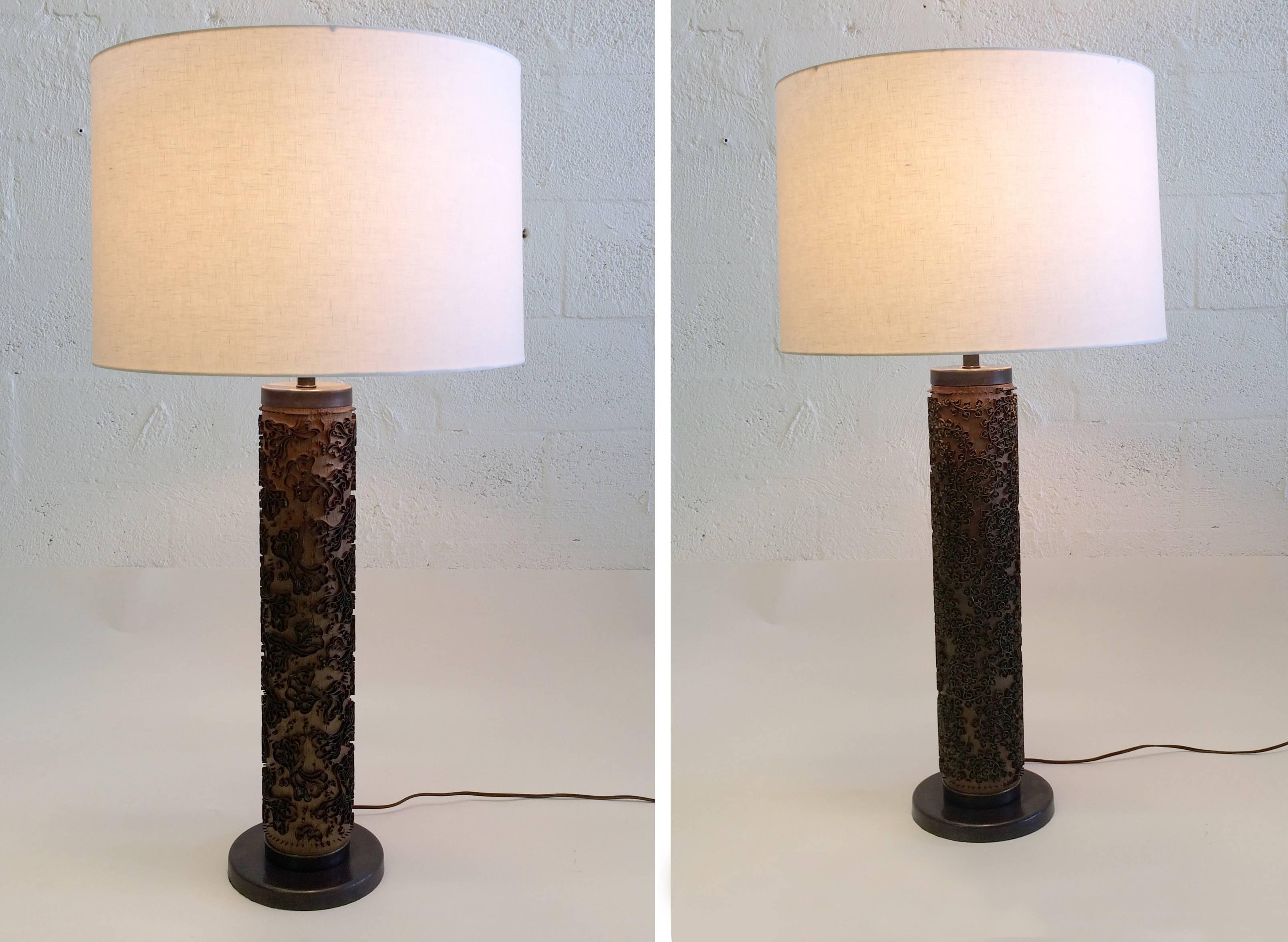 Unique wood and brass table lamps made from vintage wallpaper rollers from the well-known company Dahls Tapetkunst. The lamps are signed Dahls Copenhagen Denmark. The linen shades are new.