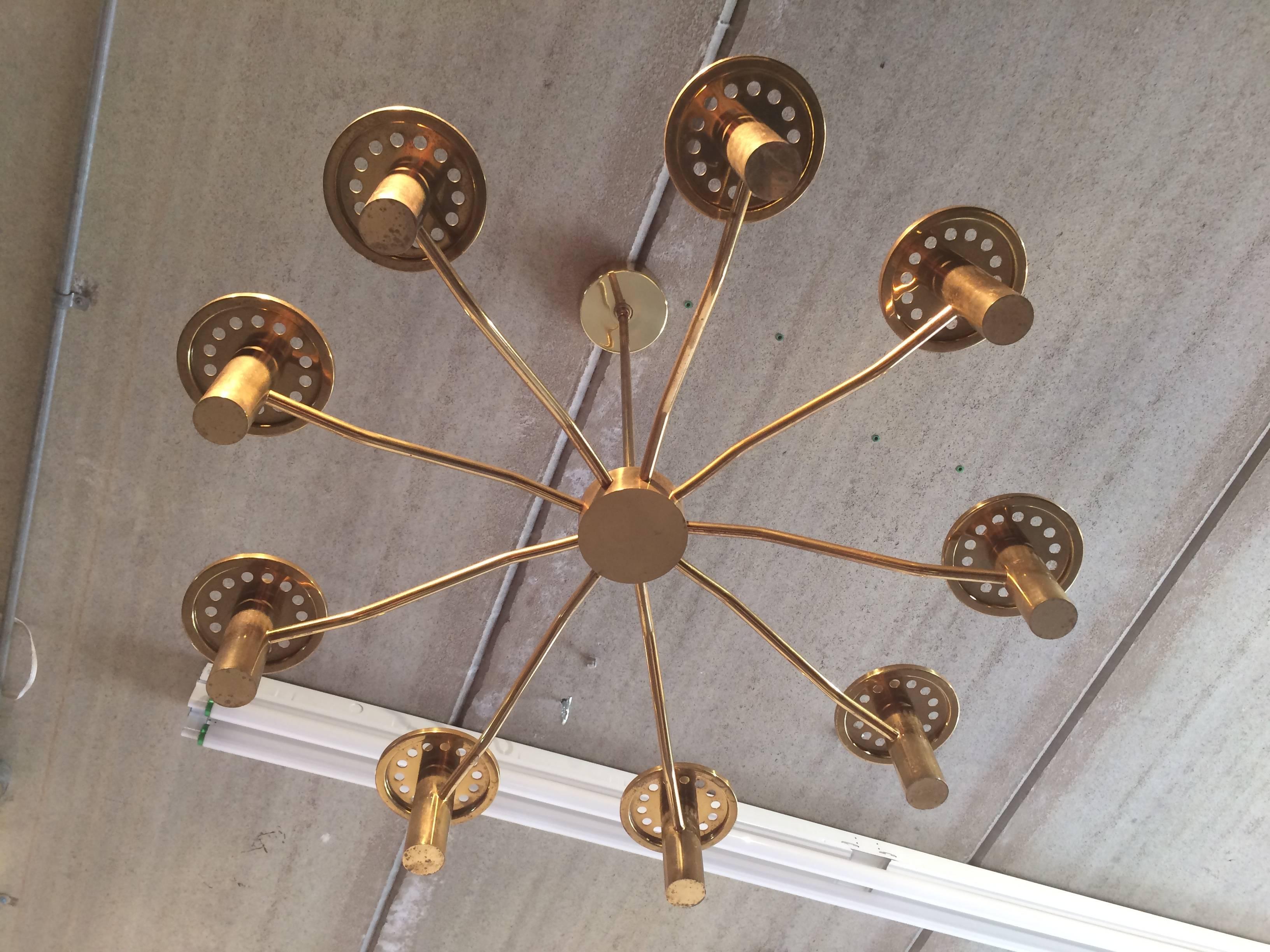 Great Italian Nine-Arm Chandelier, Brass and Smoked Glass, Italy, 1950s In Good Condition In Miami, FL