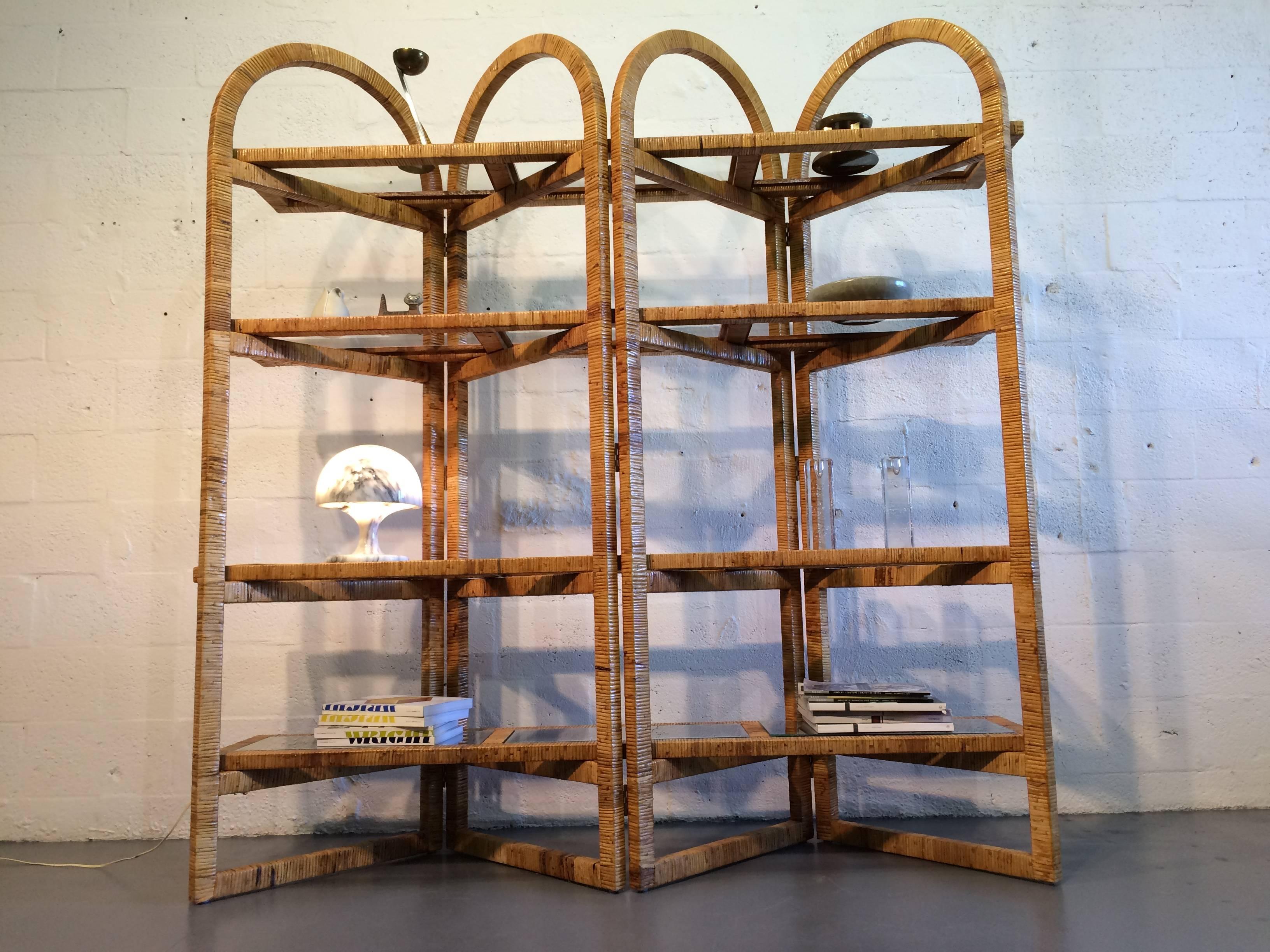 Glass Beautiful Mid-Century Modern Rattan Wrapped Shelf For Sale