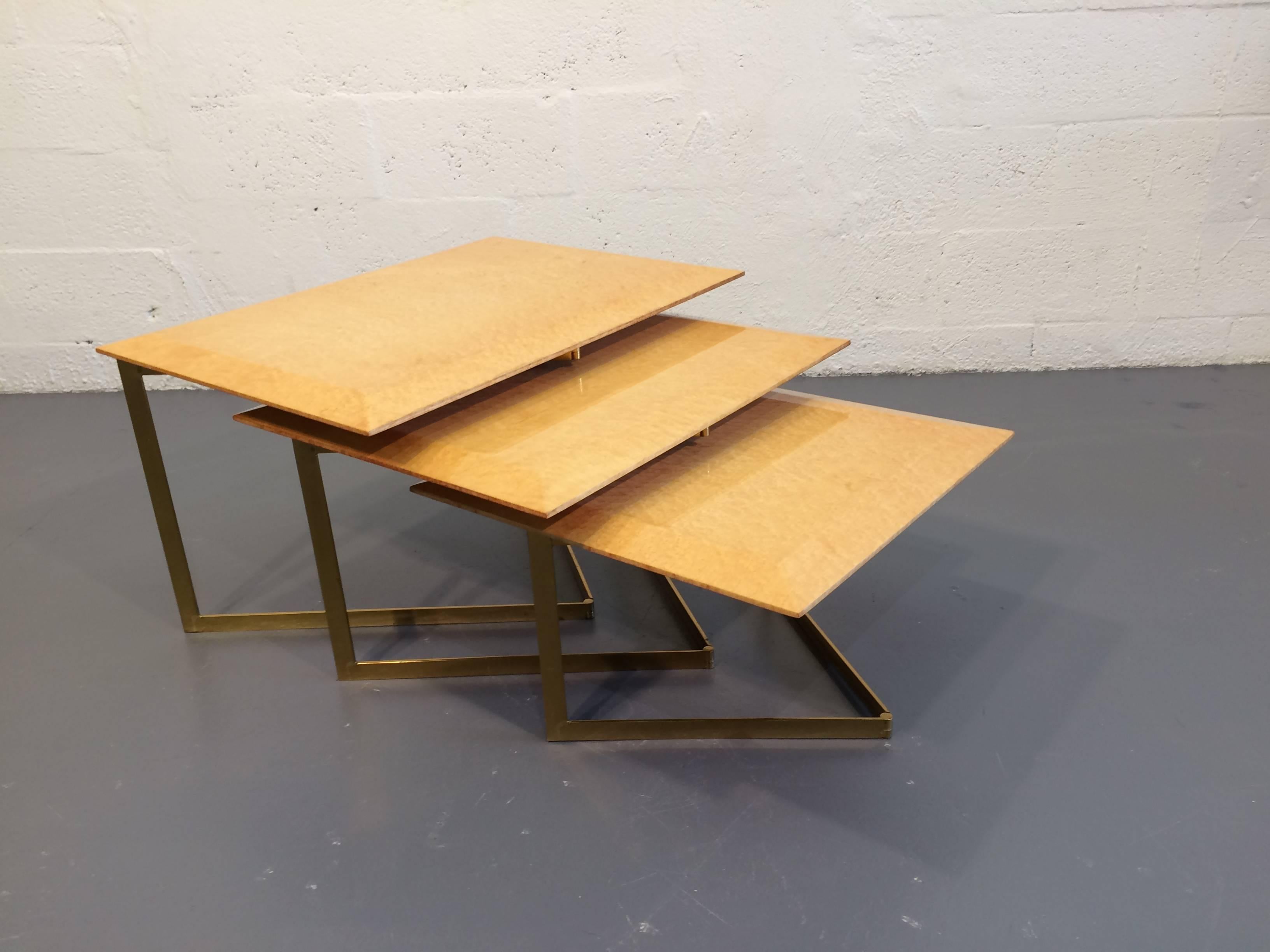 Birdseye Maple and Brass Nesting Tables For Sale 4