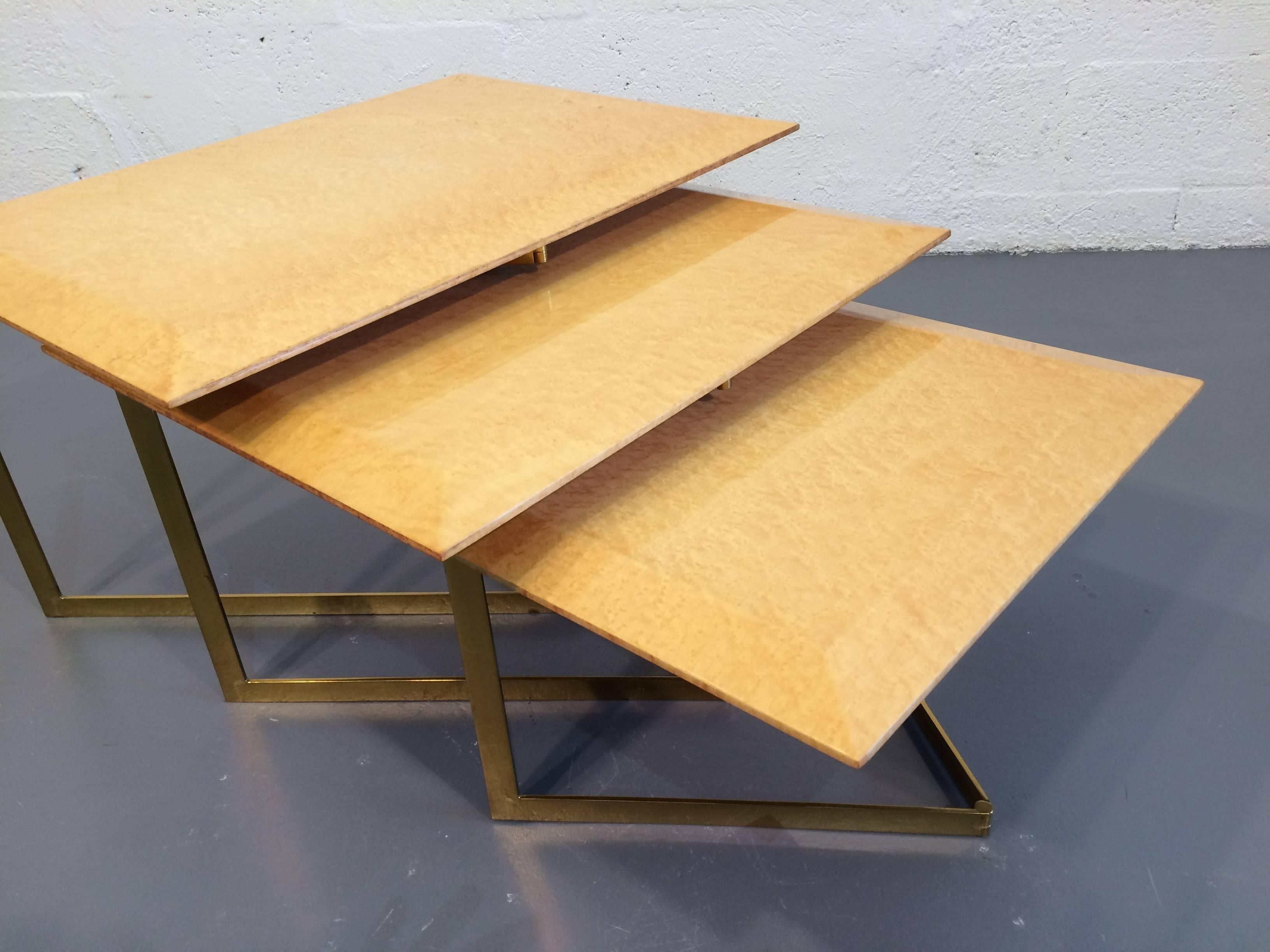 Birdseye Maple and Brass Nesting Tables For Sale 2