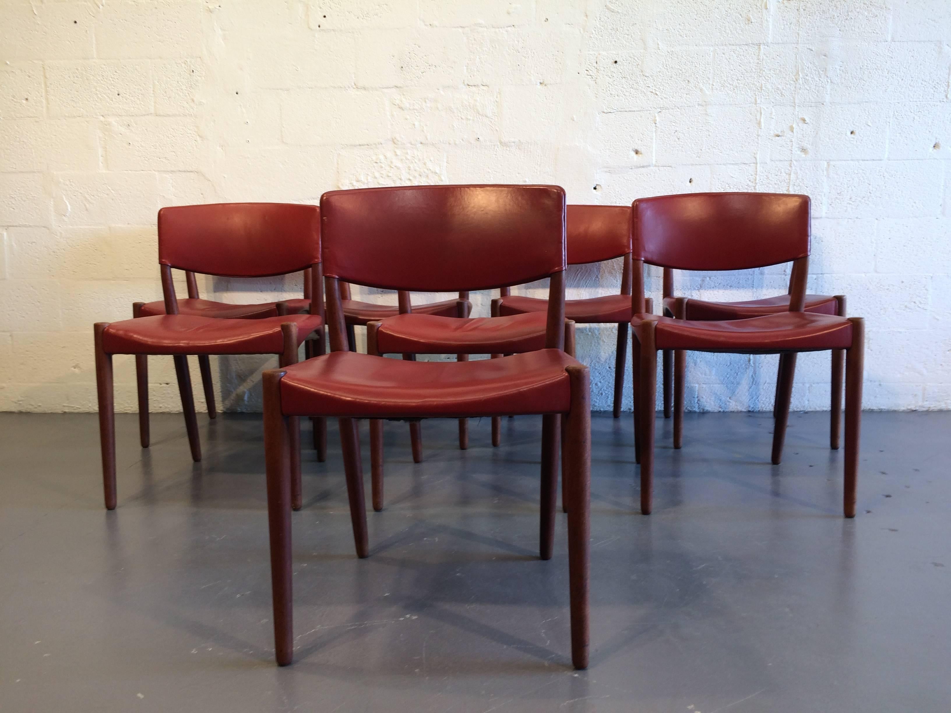 Danish Eight Dining Chairs by Ejner Larsen & Aksel Bender Madsen Red Leather Teak Brown For Sale