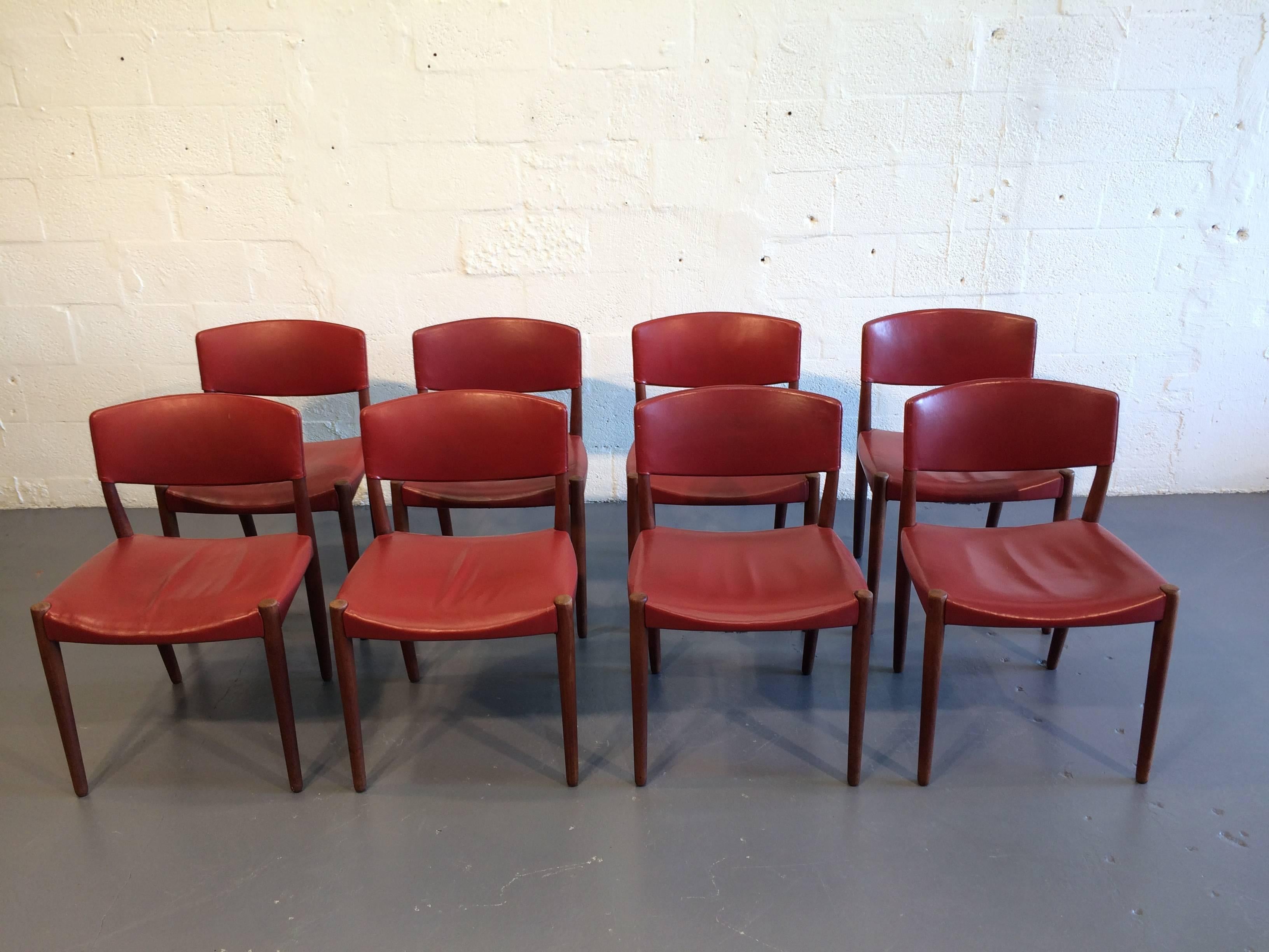 Eight Dining Chairs by Ejner Larsen & Aksel Bender Madsen Red Leather Teak Brown For Sale 3