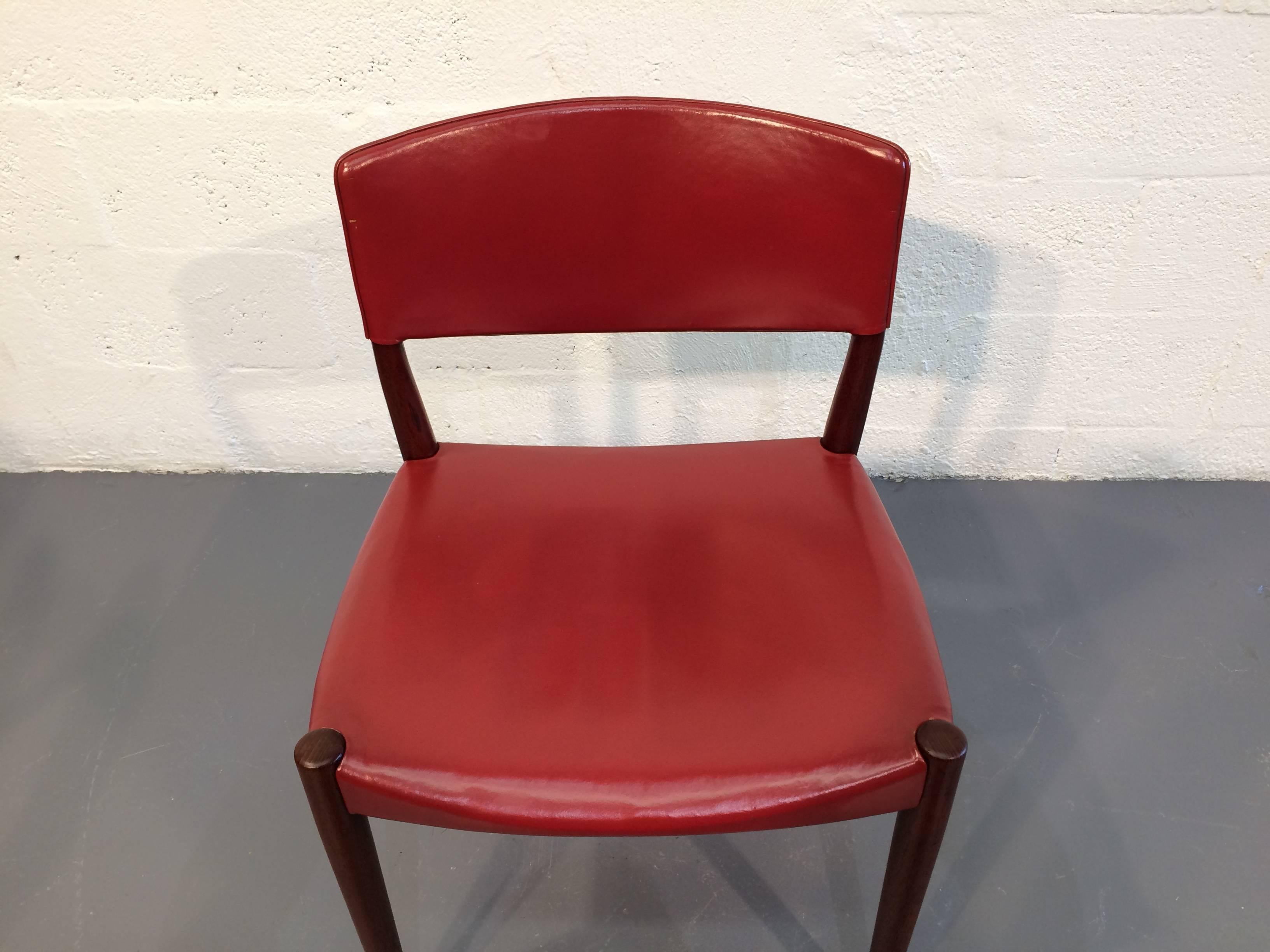 Eight Dining Chairs by Ejner Larsen & Aksel Bender Madsen Red Leather Teak Brown For Sale 1