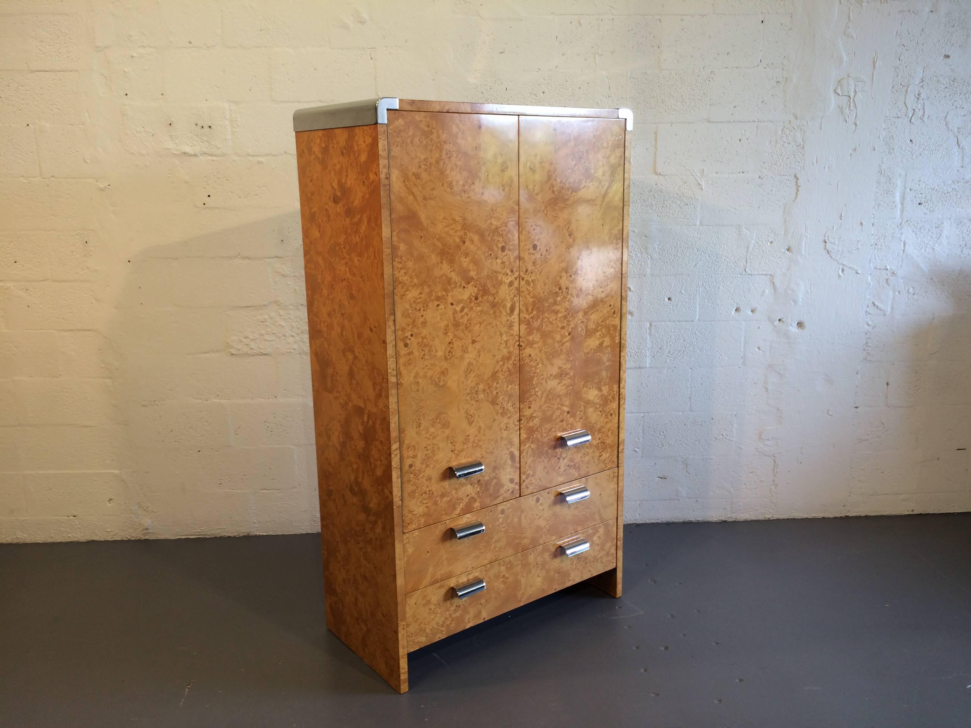 American Burl and Stainless Steel Tall Dresser, USA, 1970s