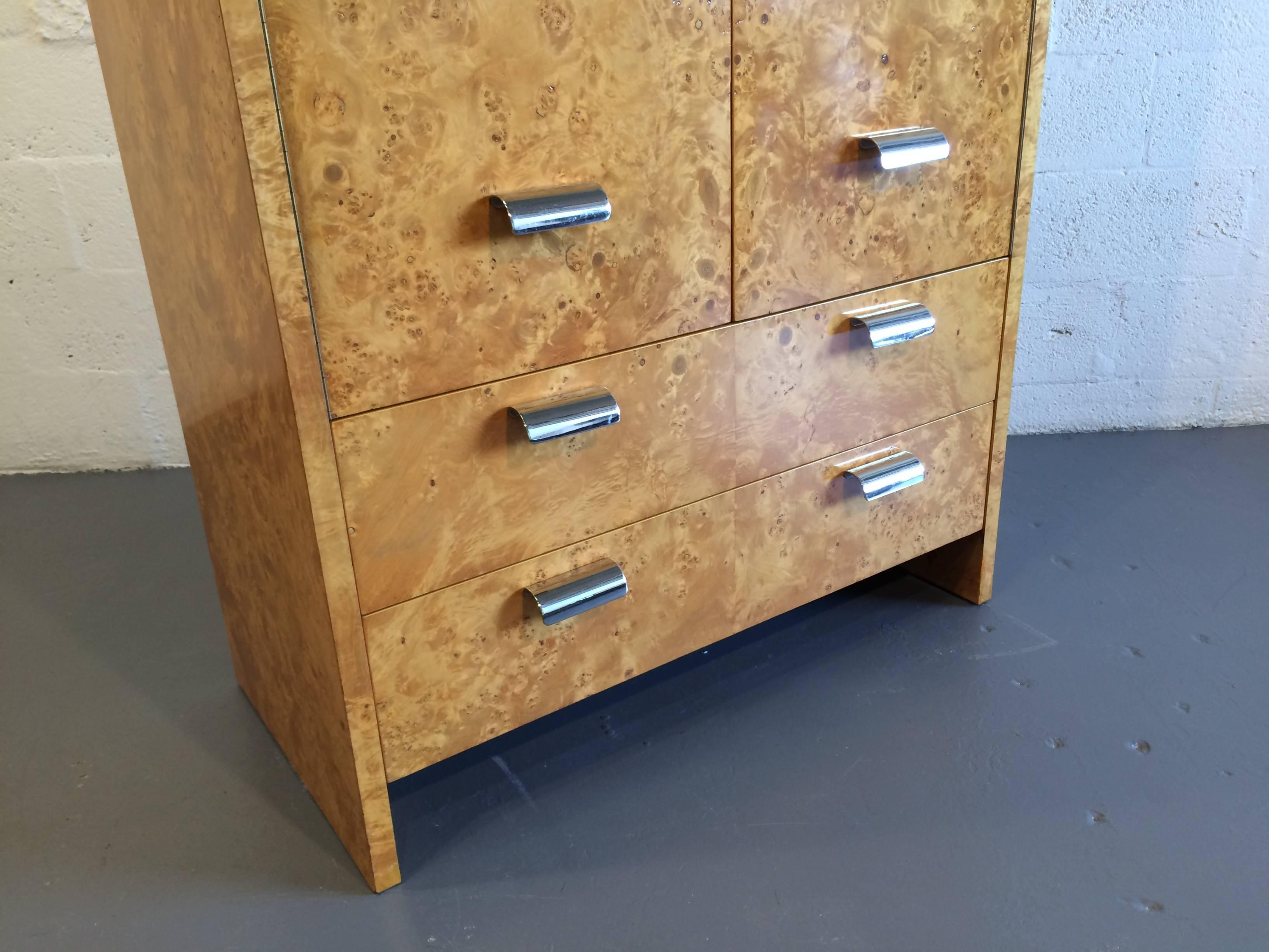 Burl and Stainless Steel Tall Dresser, USA, 1970s In Good Condition In Miami, FL