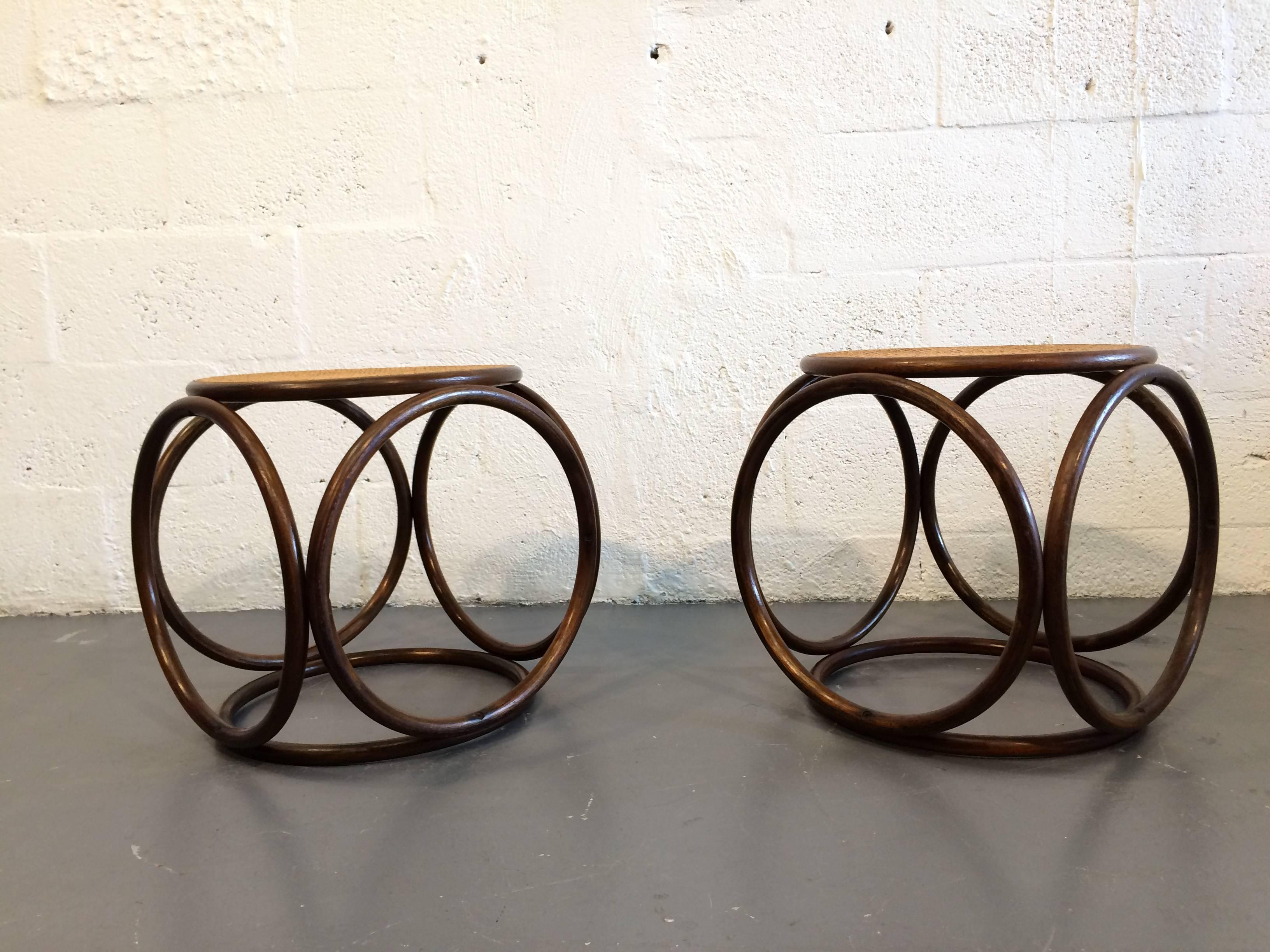 Cane Pair of Beautiful Michael Thonet Stools or Ottomans