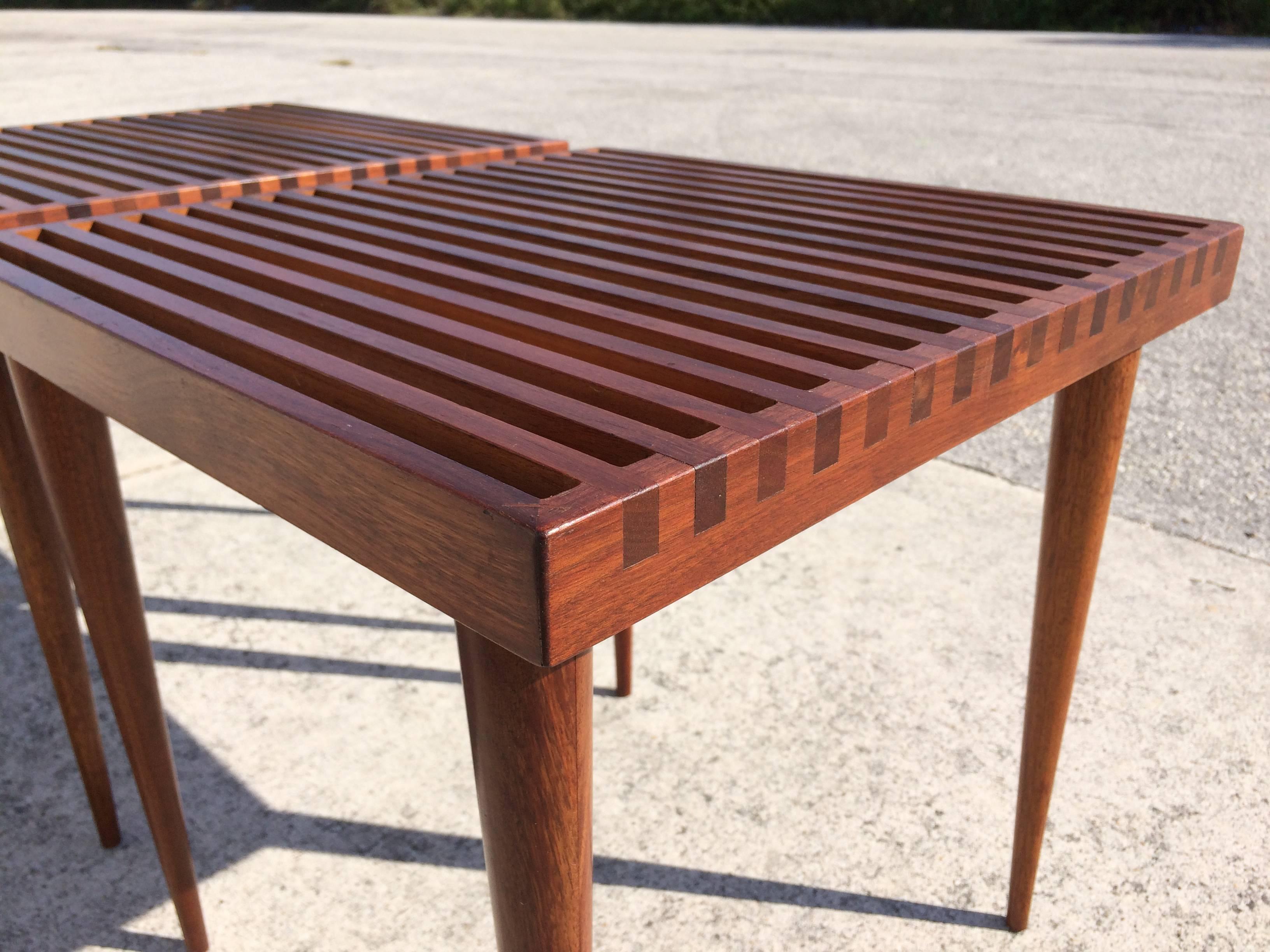 Beautiful pair of Mid-Century Modern solid wood slat side tables.