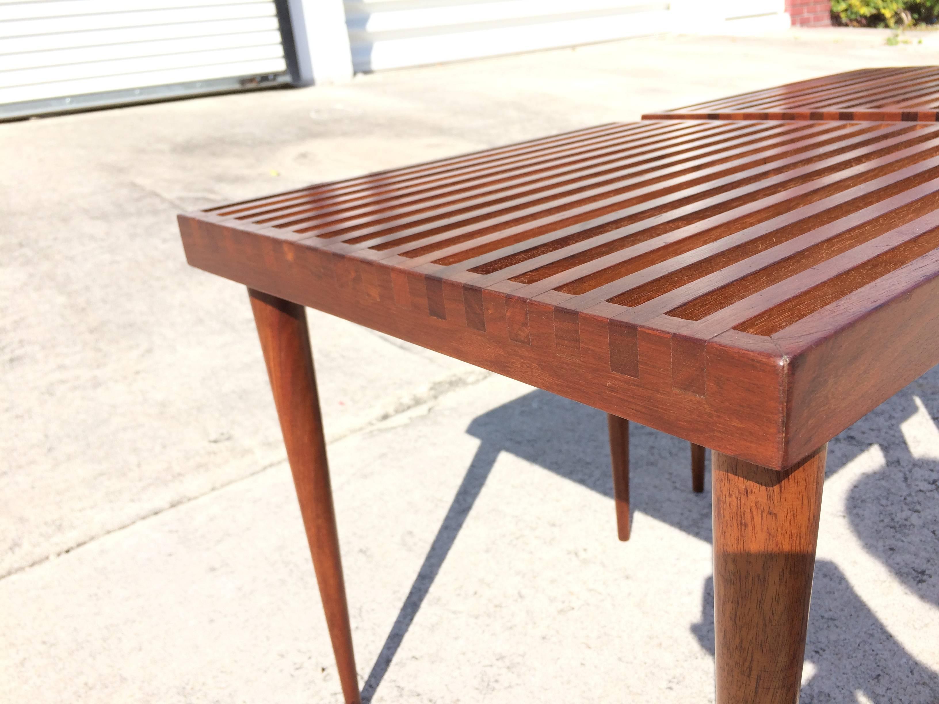 Wood Beautiful Pair of Mel Smilow Slat Walnut Side Tables, USA, 1950