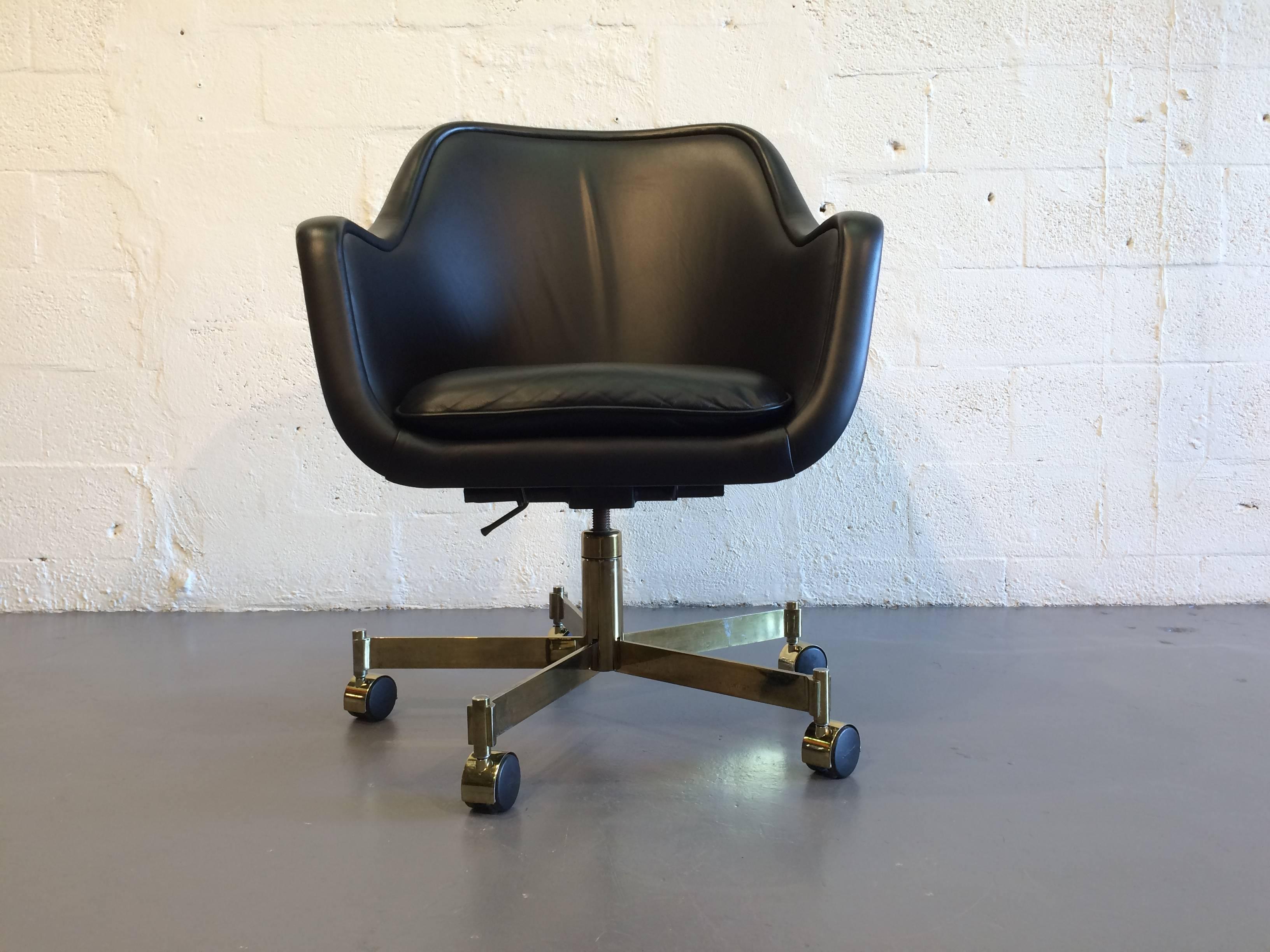 Desk Chair by Ward Bennett, Black Leather and Brass Finish In Good Condition In Miami, FL