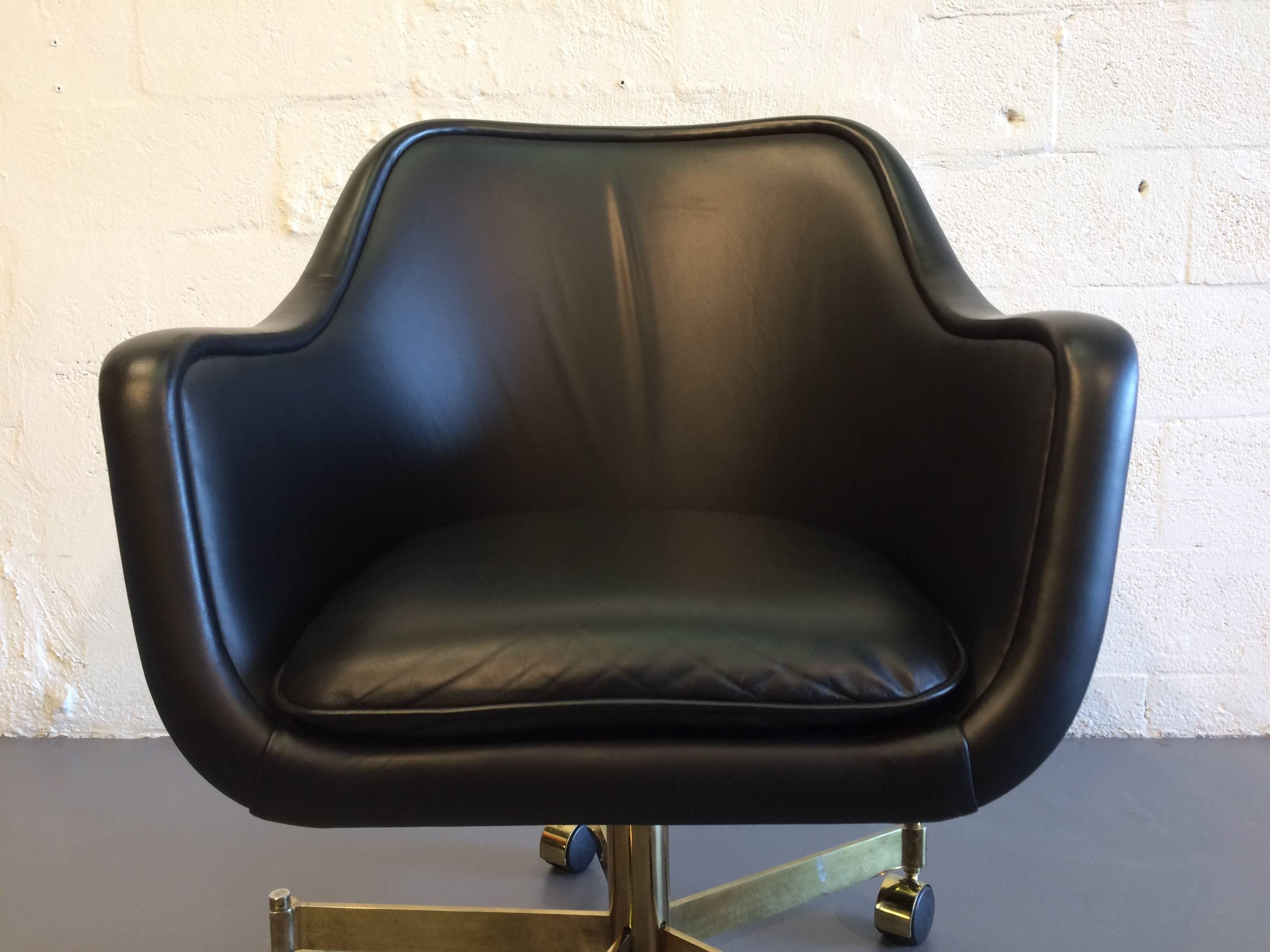 Late 20th Century Desk Chair by Ward Bennett, Black Leather and Brass Finish