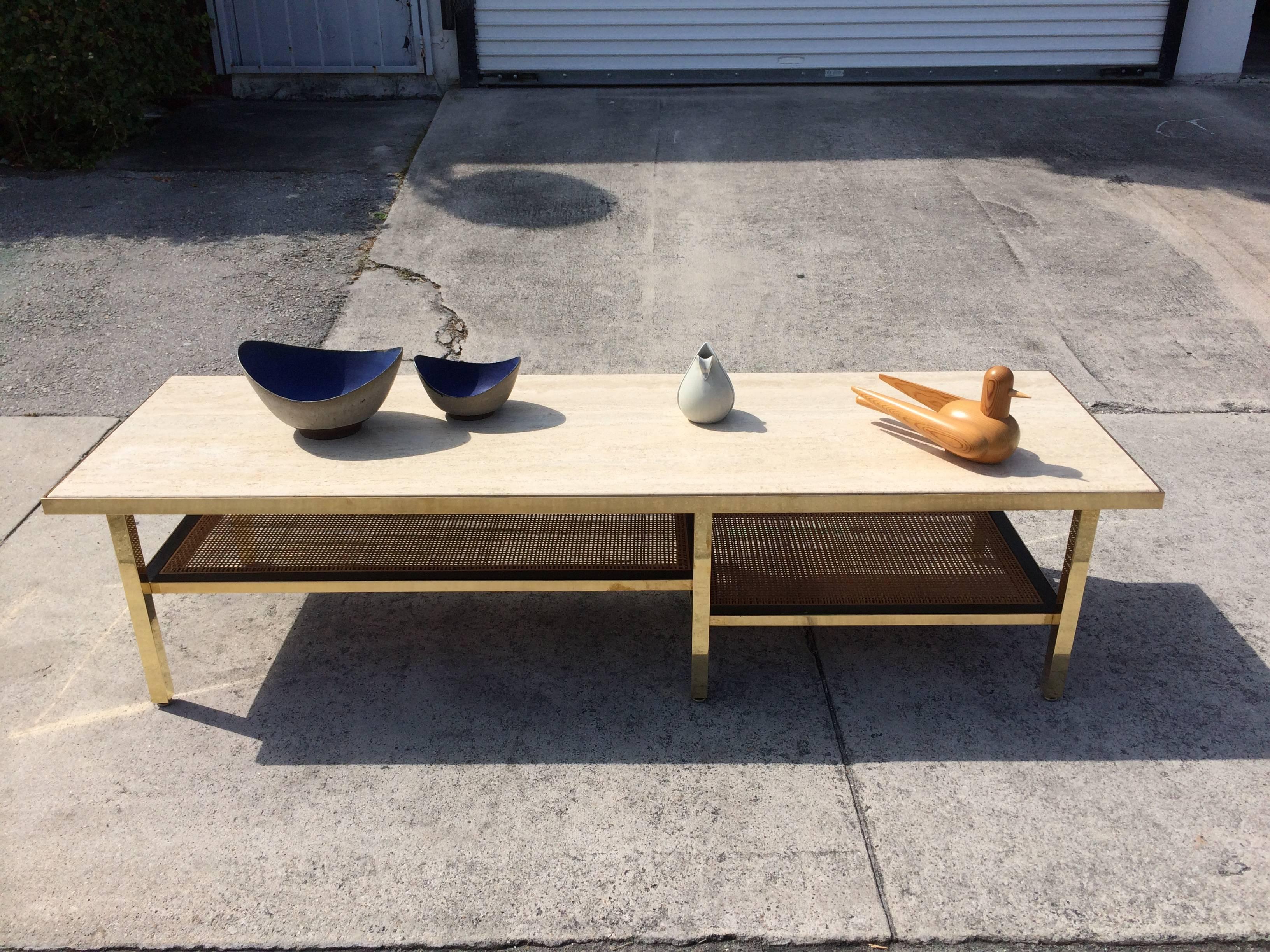 American Mid-Century Modern Coffee Table or Bench, Brass Fame with a Travertine Top