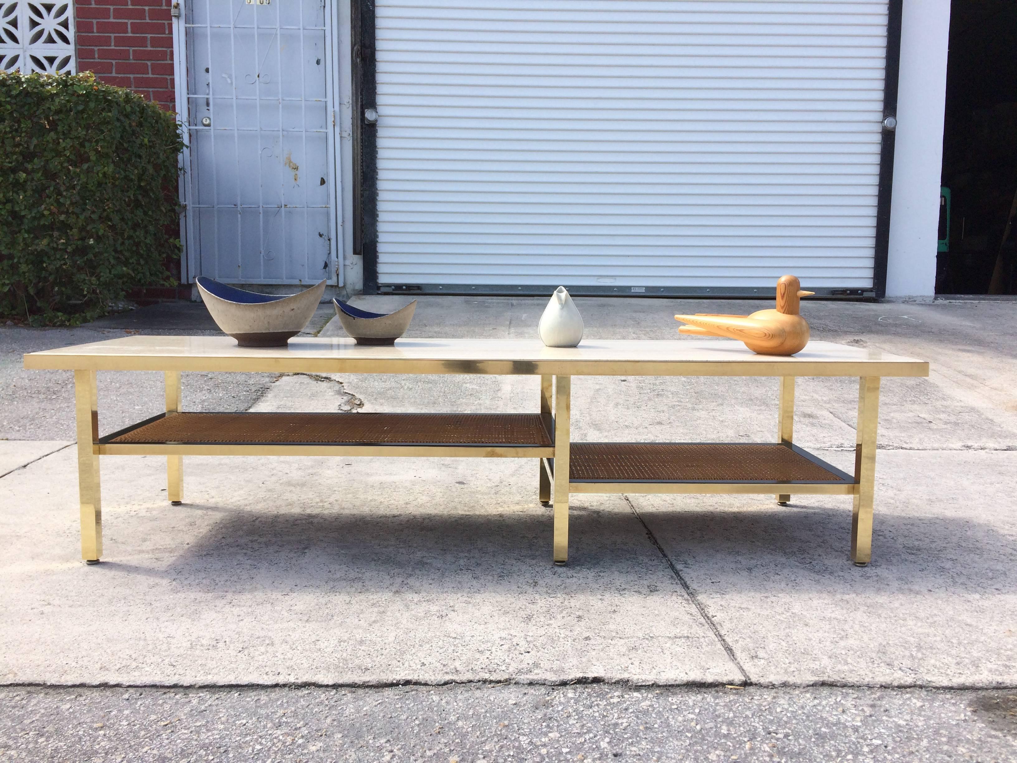 Mid-Century Modern Coffee Table or Bench, Brass Fame with a Travertine Top In Good Condition In Miami, FL