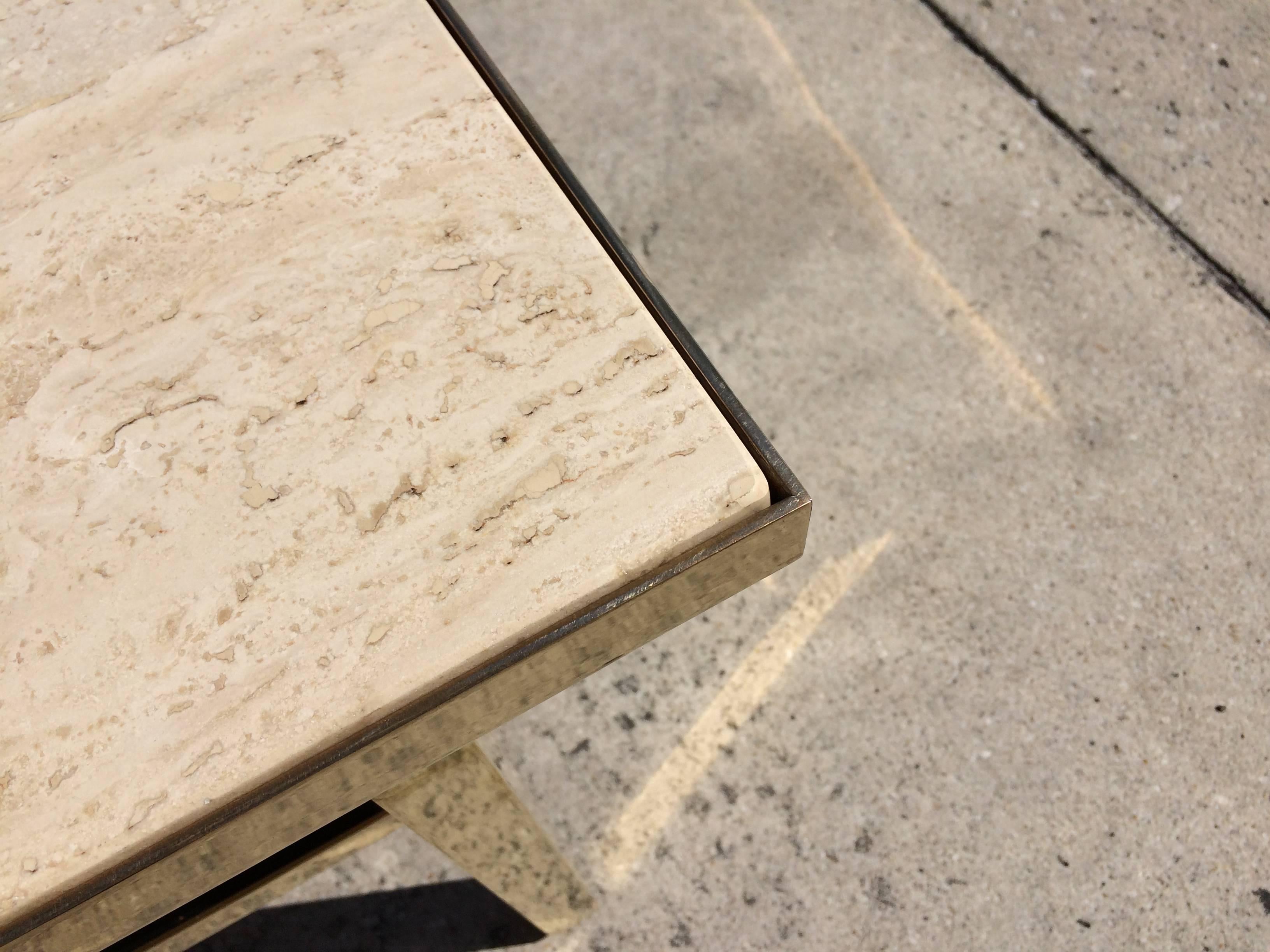 Mid-20th Century Mid-Century Modern Coffee Table or Bench, Brass Fame with a Travertine Top